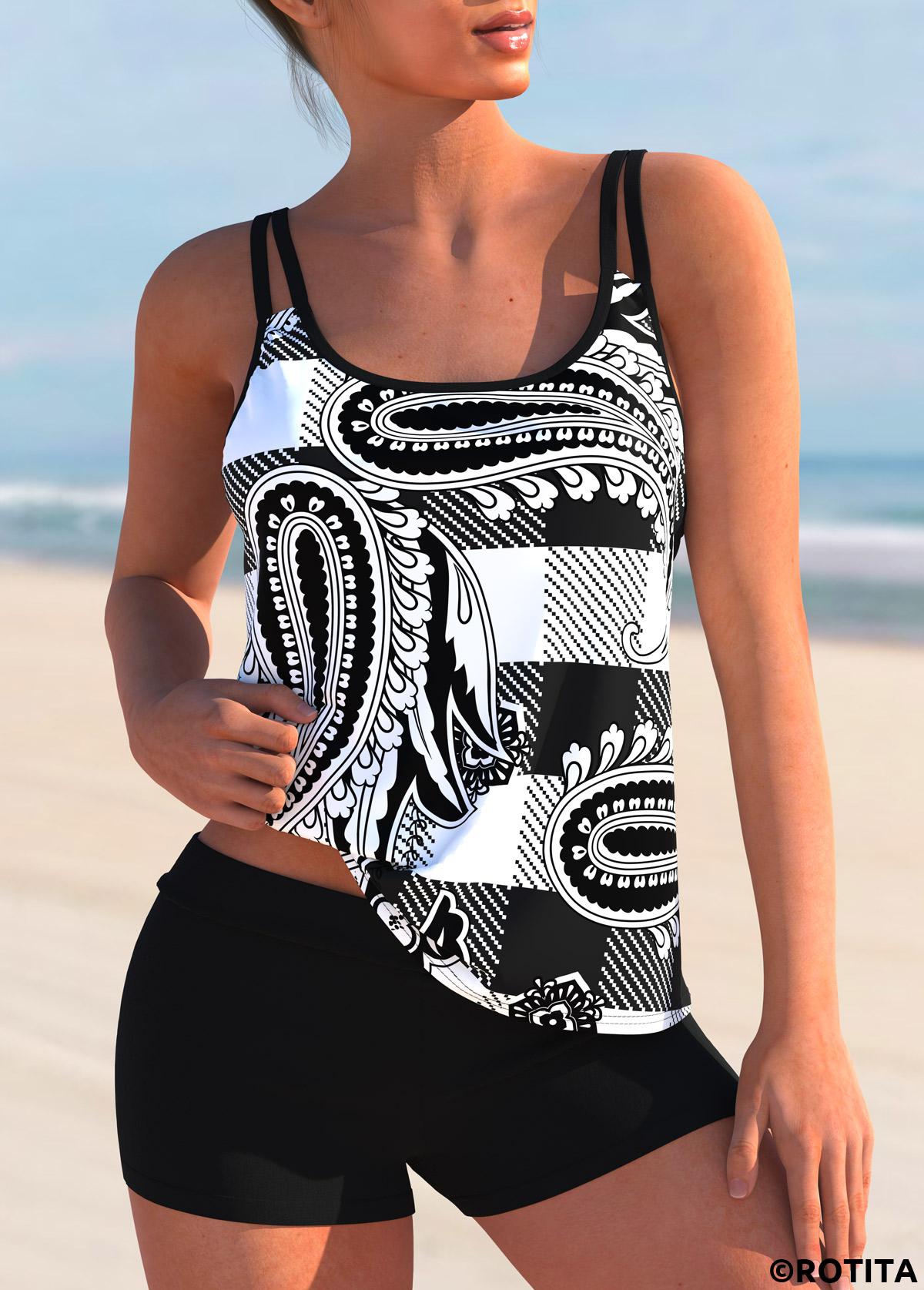 White swimwear,Paisley swimwear,ROTITA Plaid White Paisley Print Tankini Set
