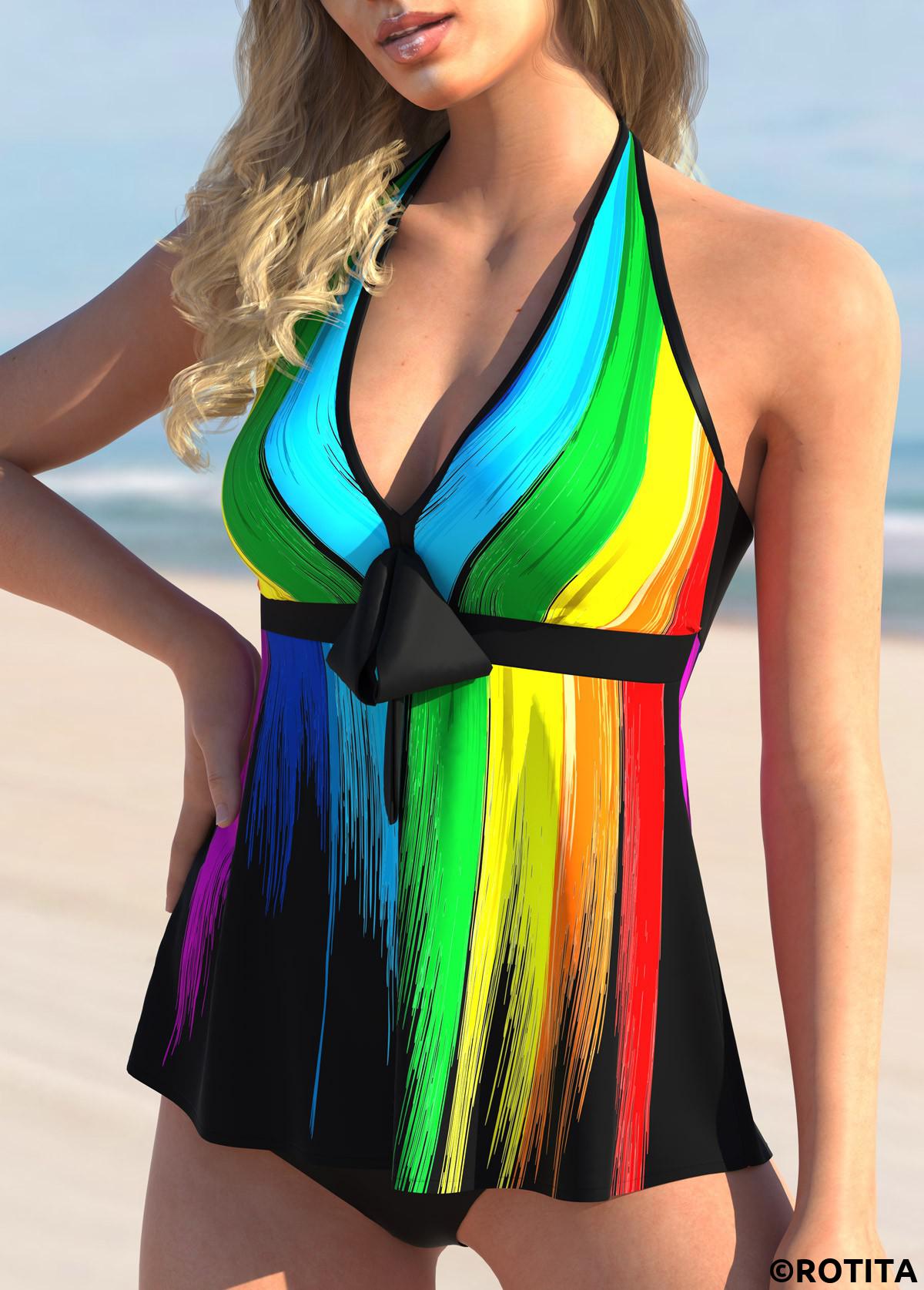 Multi Color swimwear,Rainbow Color swimwear,Dazzle Colorful swimwear,ROTITA Printed Rainbow Color Bowknot Halter Tankini Set 