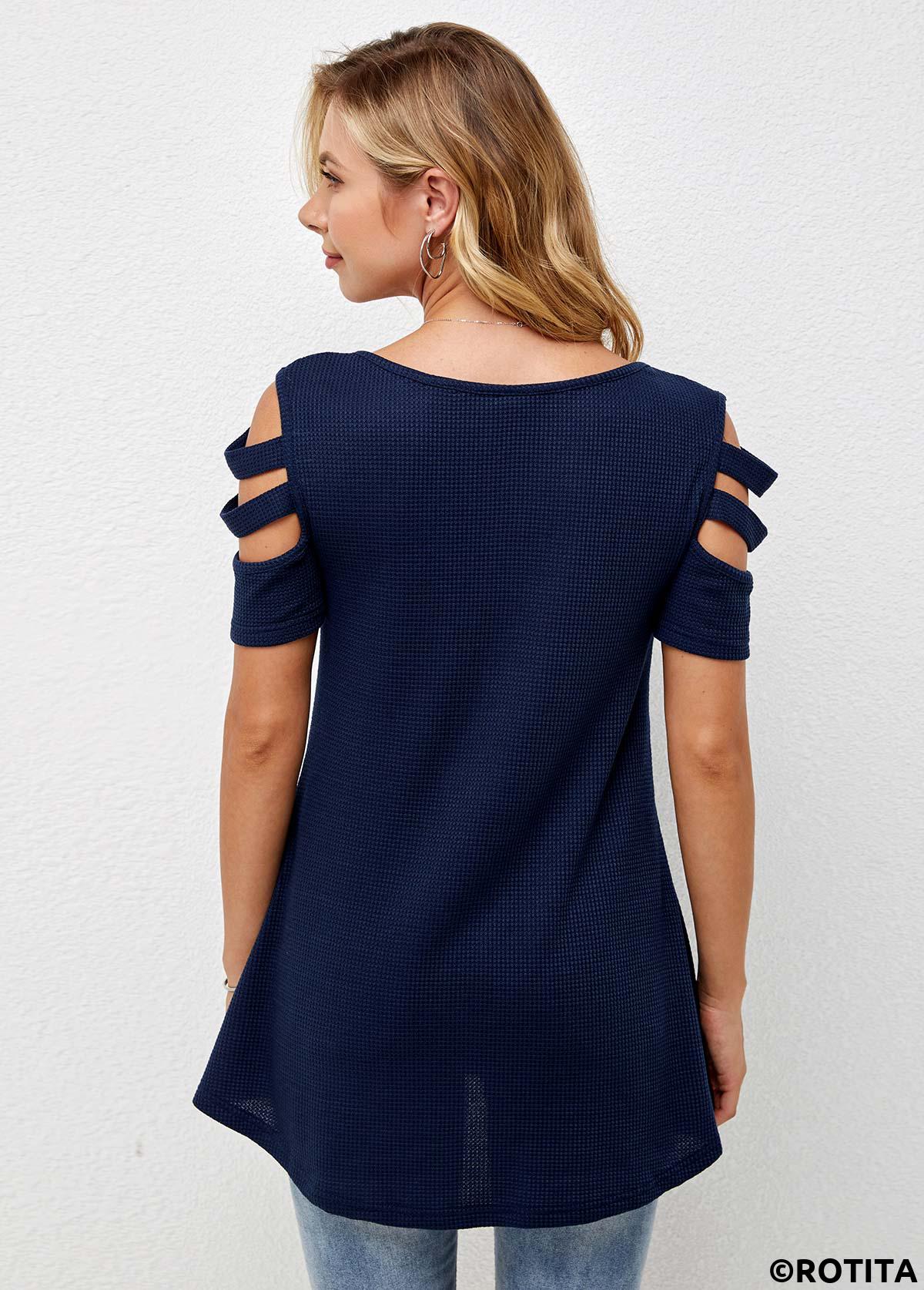 Navy tops,Plain Color tops,ROTITA Quarter Zip Cold Shoulder Short Sleeve T Shirt