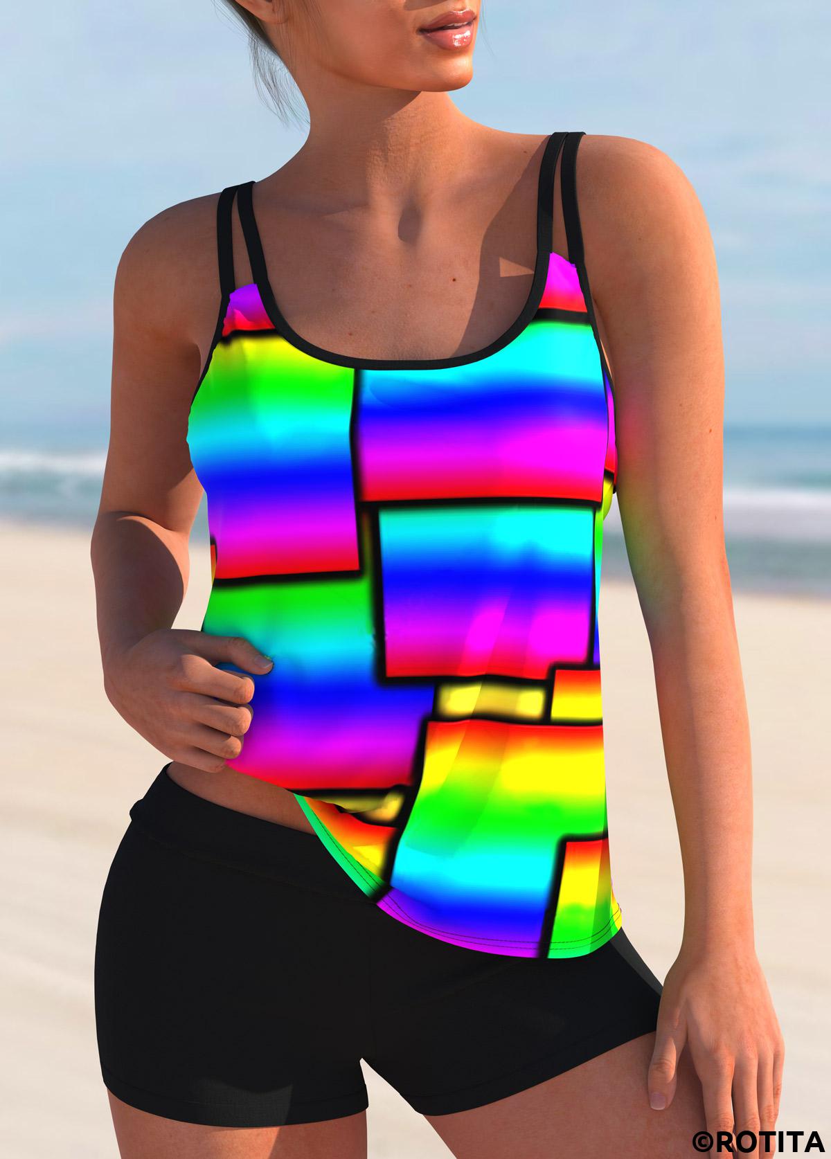 Multi Color swimwear,Rainbow Color swimwear,Geometric swimwear,ROTITA Geometric Print Rainbow Color Tankini Set