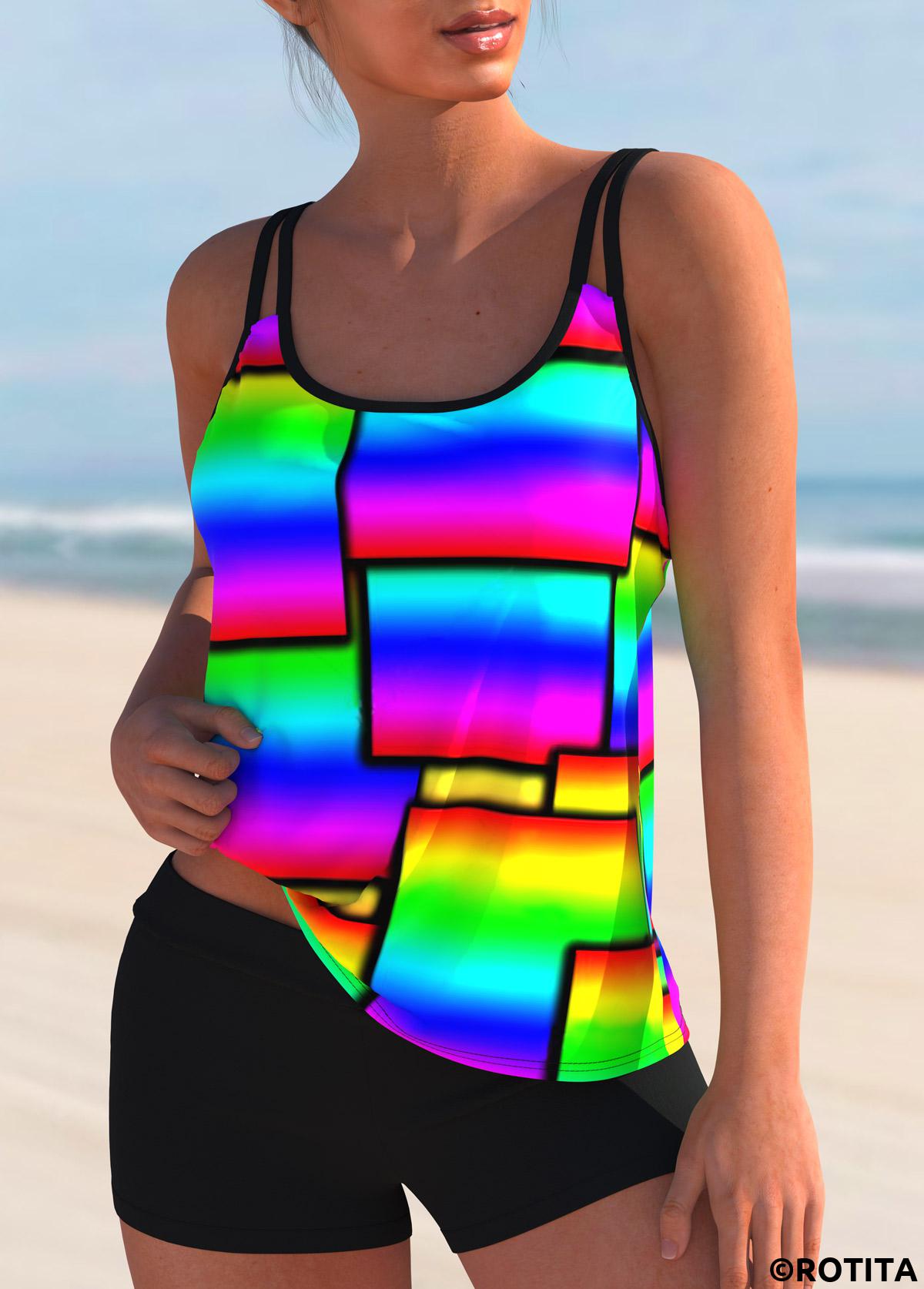 Multi Color swimwear,Rainbow Color swimwear,Geometric swimwear,ROTITA Geometric Print Rainbow Color Tankini Set