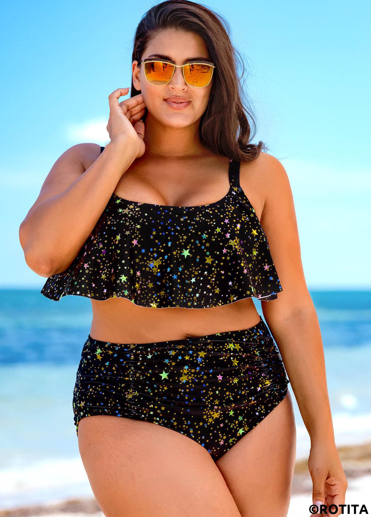 Black plus size,Galaxy plus size,ROTITA Hot Stamping Plus Size High Waisted Bikini Set