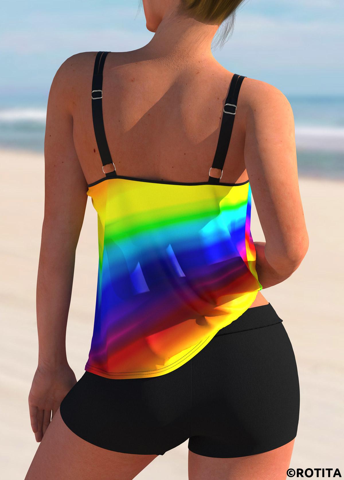 Multi Color swimwear,Rainbow Color swimwear,Floral swimwear,ROTITA Spaghetti Strap Rainbow Color Printed Tankini Set