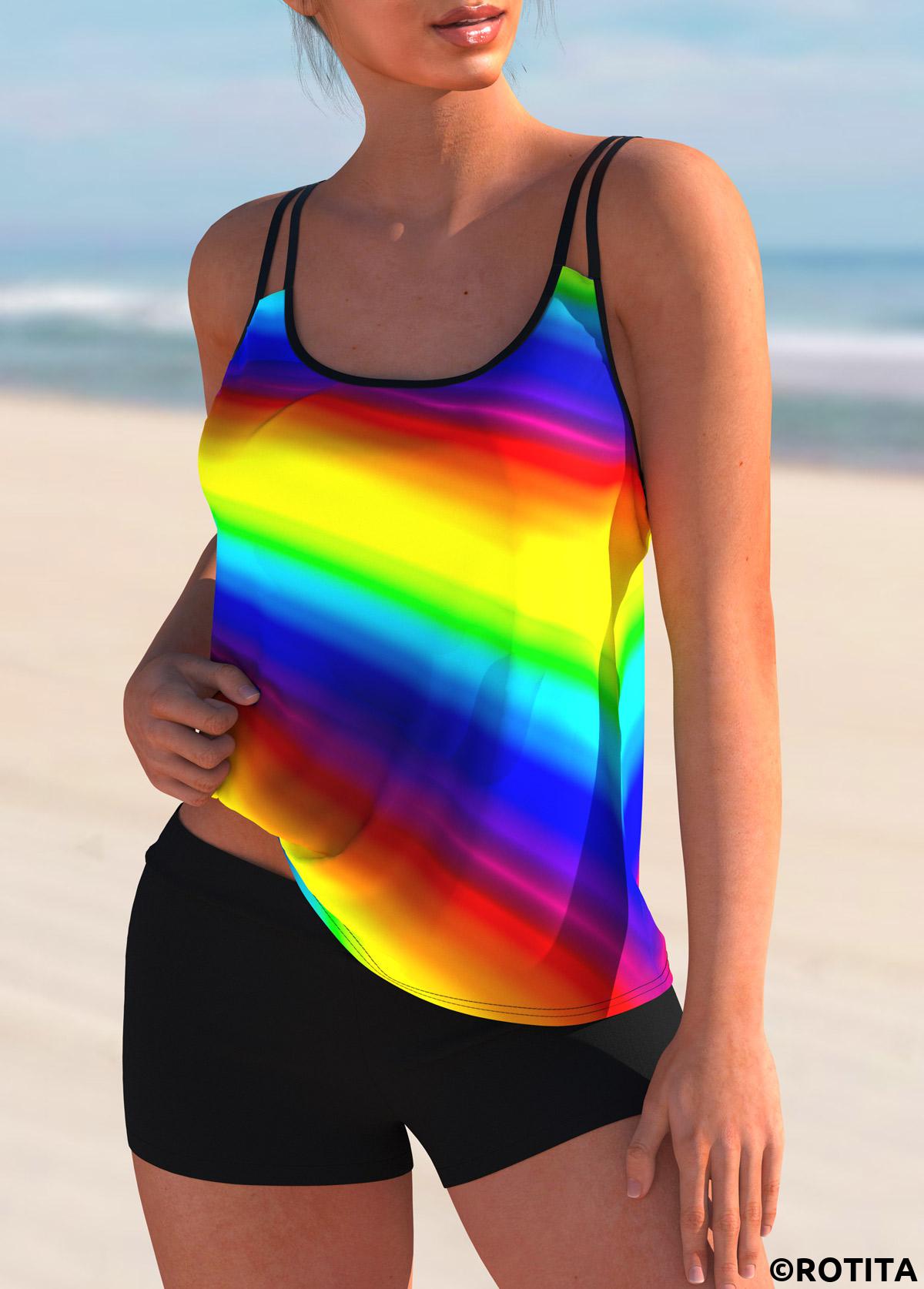 Multi Color swimwear,Rainbow Color swimwear,Floral swimwear,ROTITA Spaghetti Strap Rainbow Color Printed Tankini Set