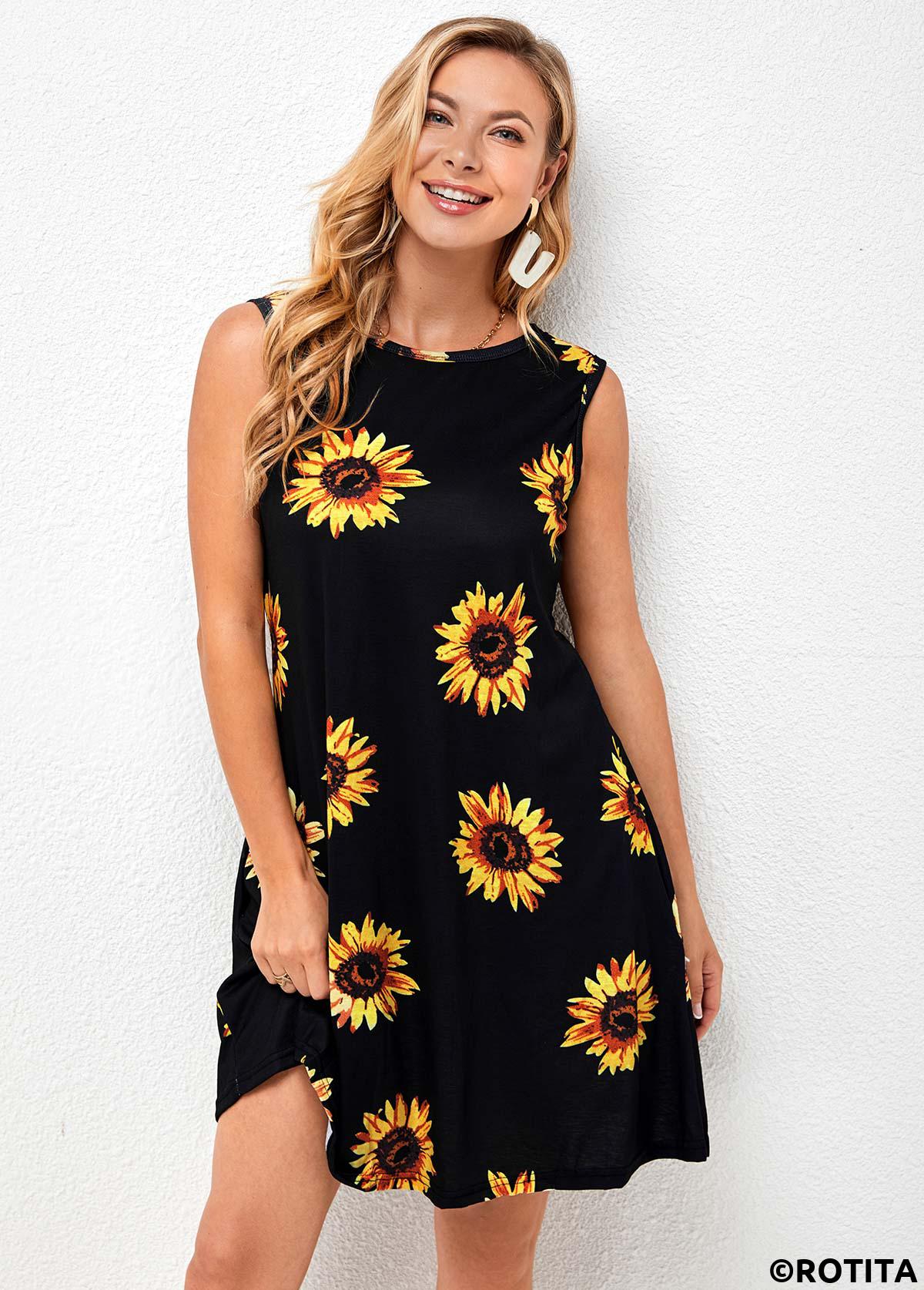 Multi Color dresses,Plants dresses,Everyday dresses,Casual dresses,ROTITA Sleeveless Sunflower Print Round Neck Dress