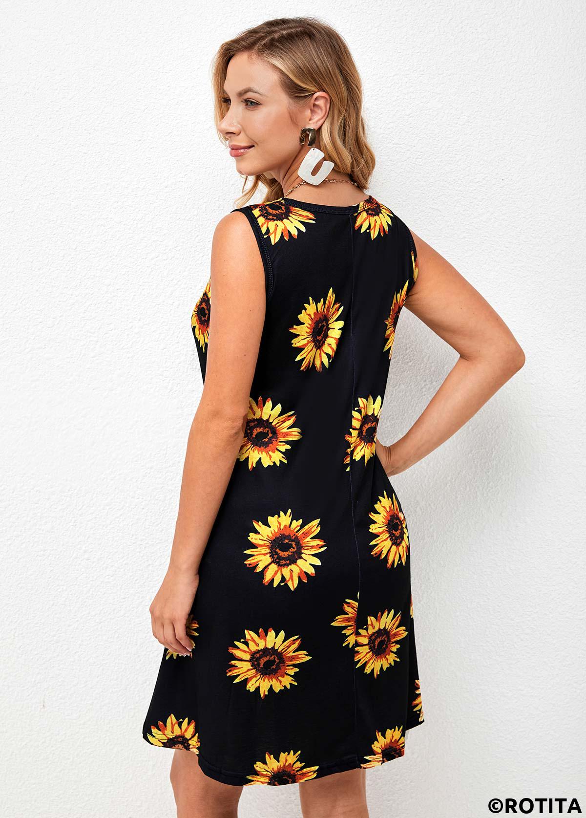 Multi Color dresses,Plants dresses,Everyday dresses,Casual dresses,ROTITA Sleeveless Sunflower Print Round Neck Dress