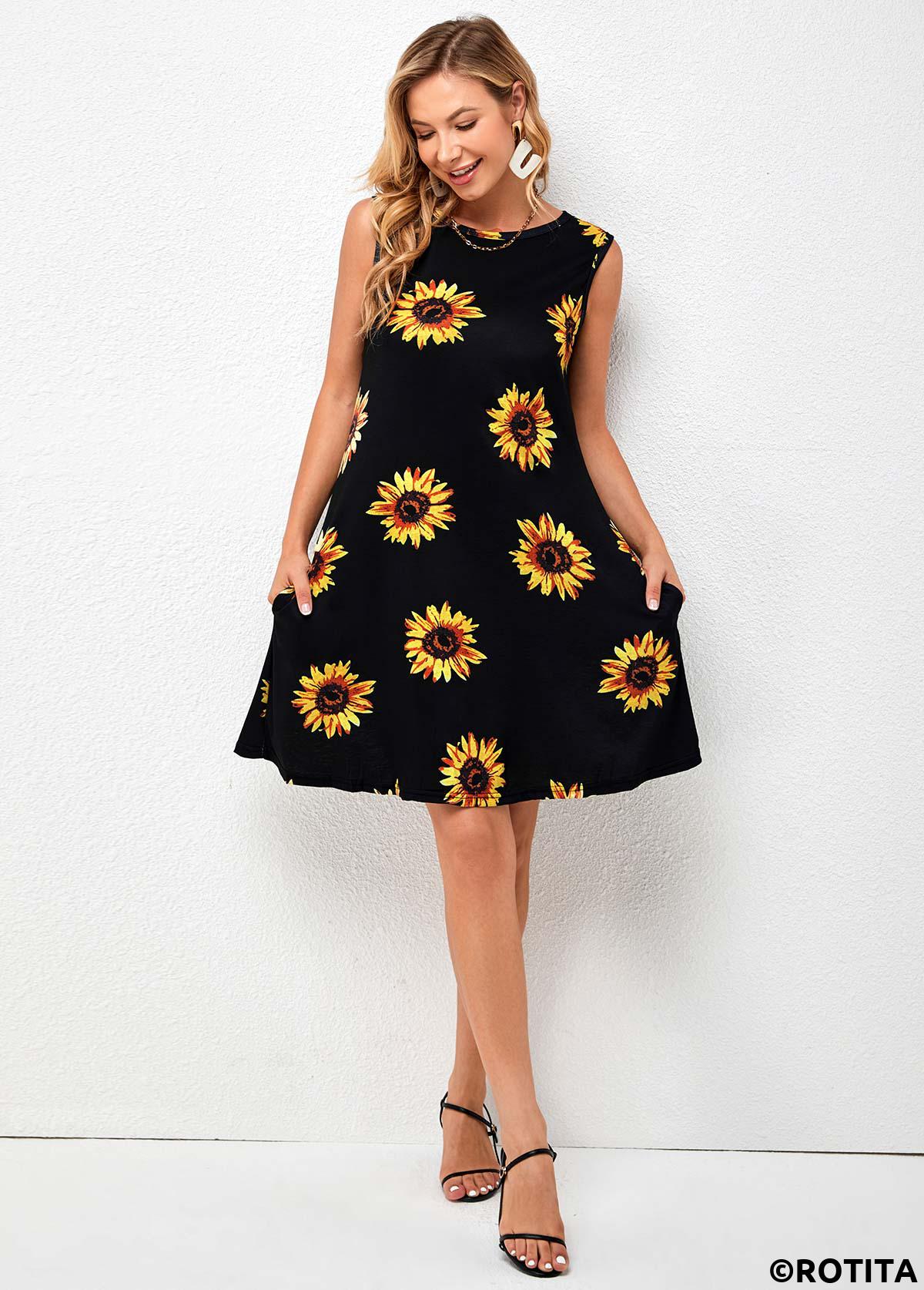 Multi Color dresses,Plants dresses,Everyday dresses,Casual dresses,ROTITA Sleeveless Sunflower Print Round Neck Dress