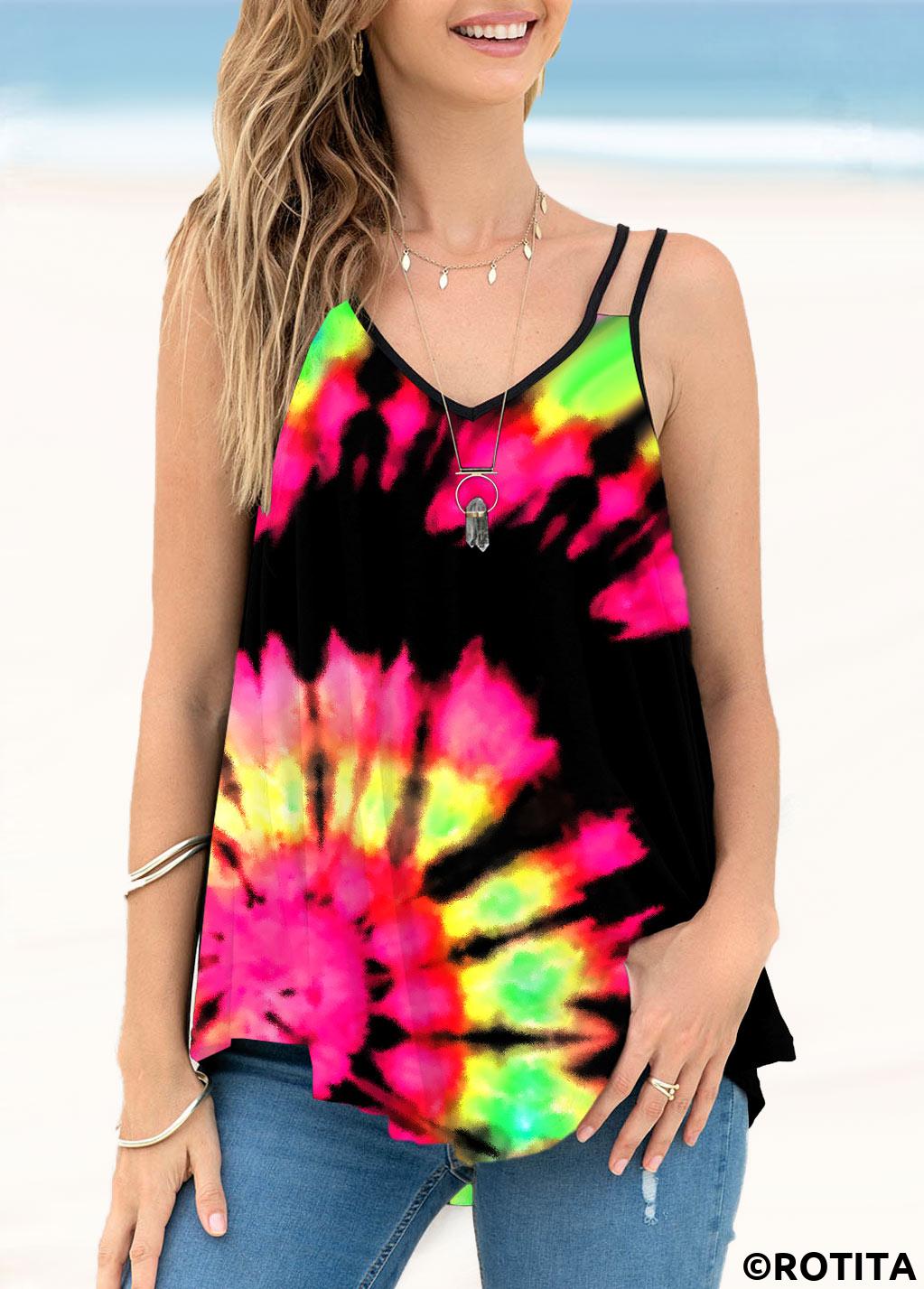 Multi Color tops,Rainbow Color tops,Tie Dye tops,ROTITA Spaghetti Strap Multi Color Tie Dye Print Camisole Top