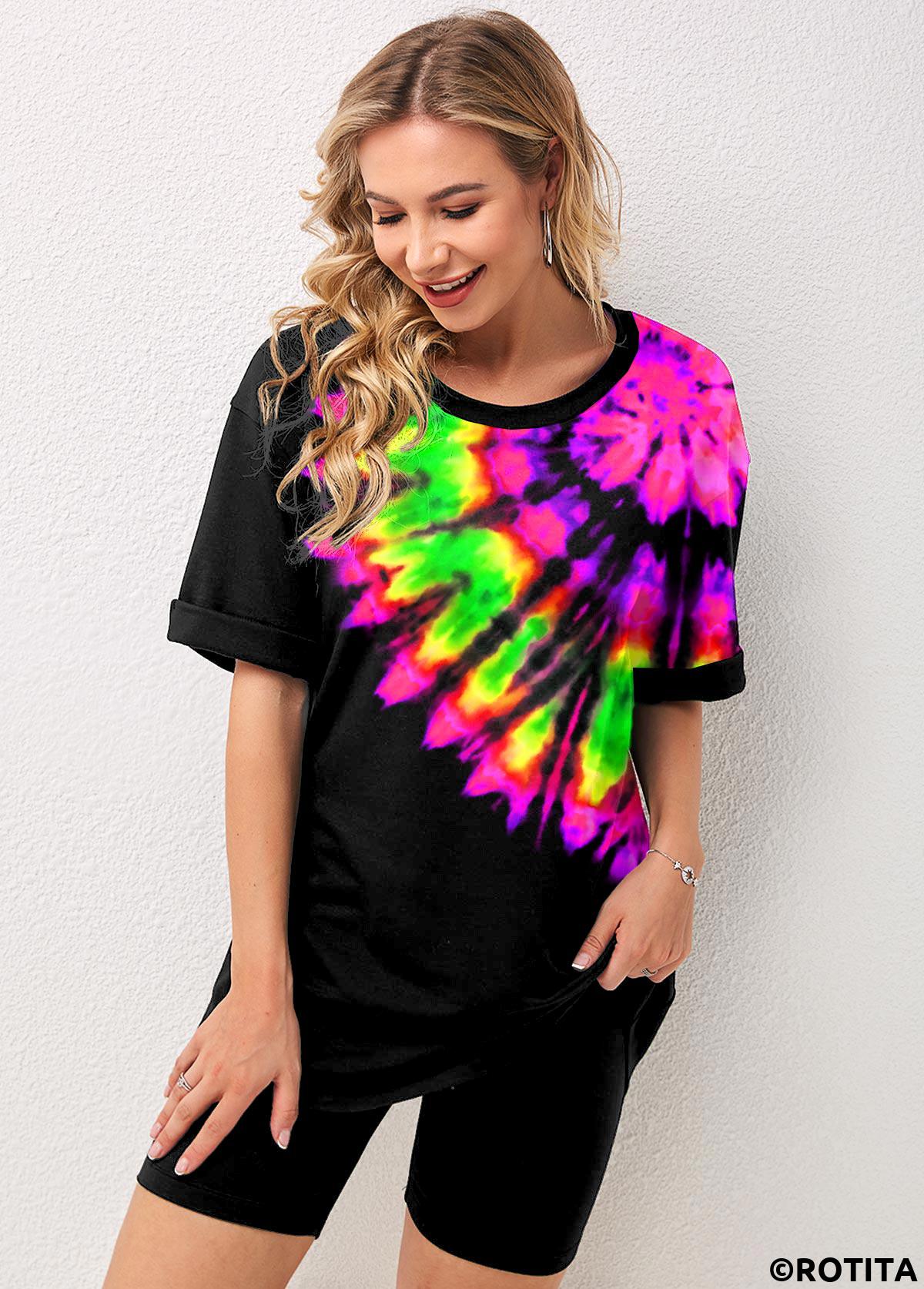 Multi Color jumpsuits&rompers,Rainbow Color jumpsuits&rompers,Tie Dye jumpsuits&rompers,ROTITA Tie Dye Print Multi Color Short Sleeve Sweatsuit Set