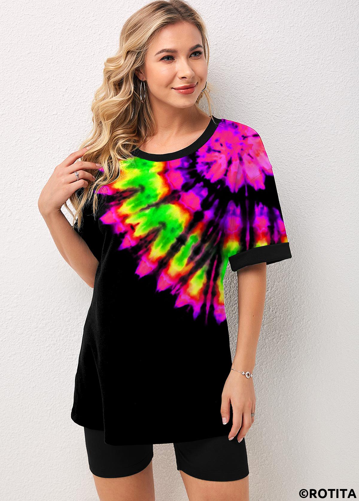 Multi Color jumpsuits&rompers,Rainbow Color jumpsuits&rompers,Tie Dye jumpsuits&rompers,ROTITA Tie Dye Print Multi Color Short Sleeve Sweatsuit Set