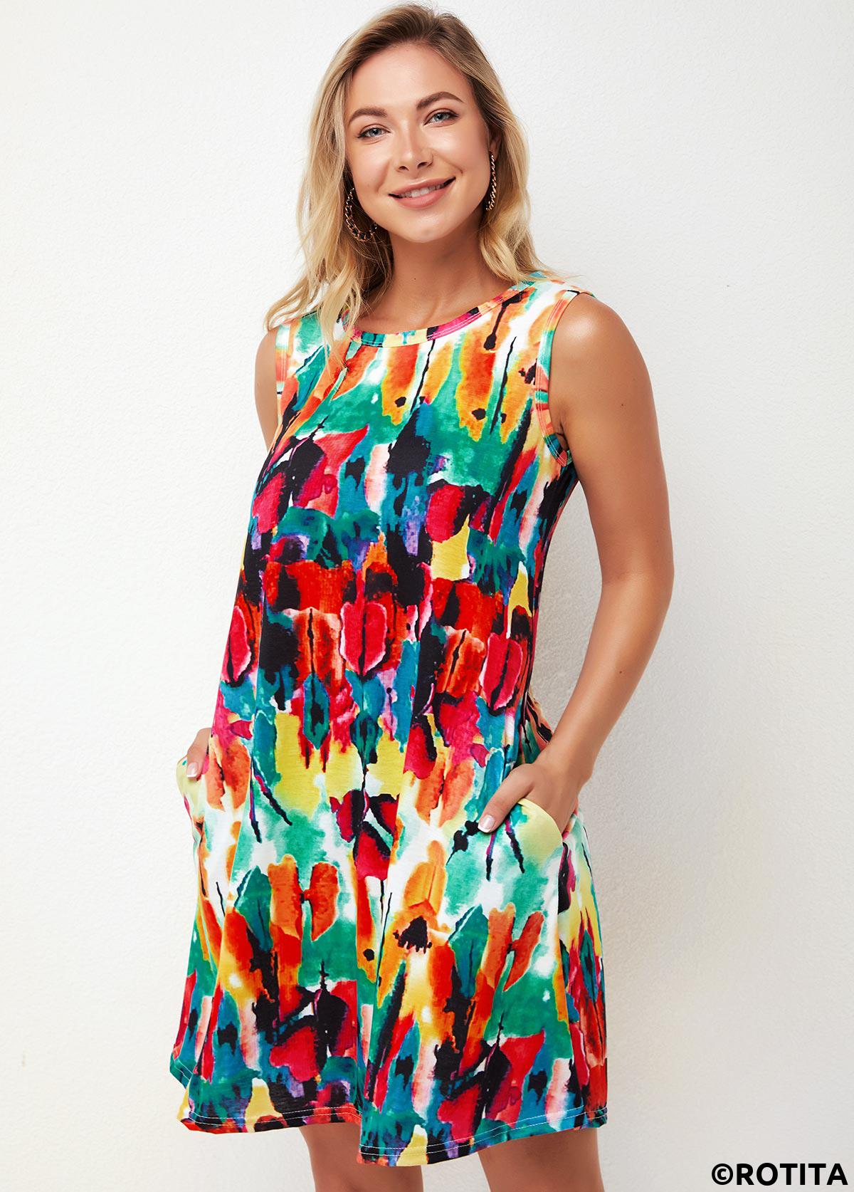 Multi Color dresses,Rainbow Color dresses,Floral dresses,Everyday dresses,Casual dresses,ROTITA Printed Round Neck Multi Color A Line Dress