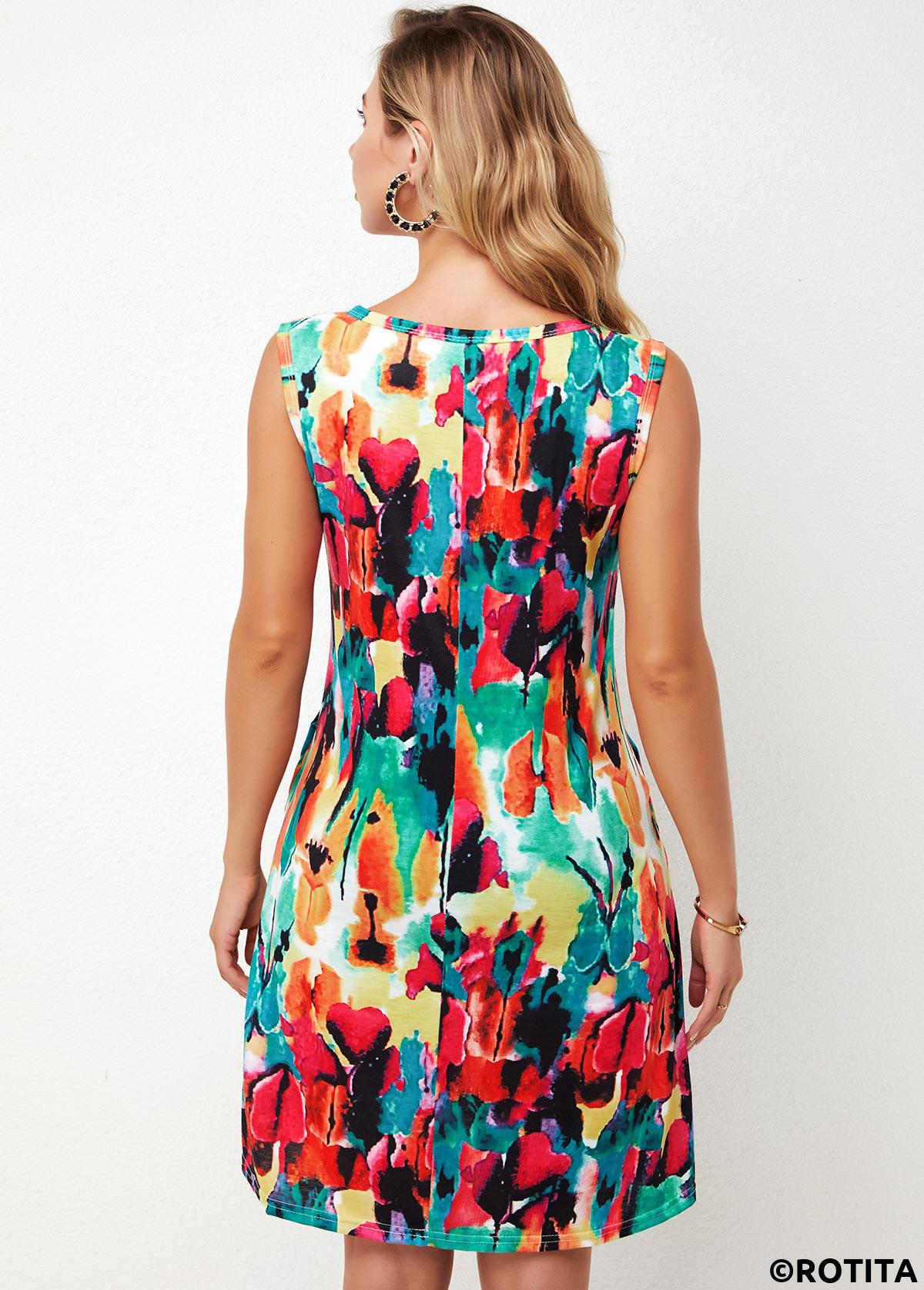 Multi Color dresses,Rainbow Color dresses,Floral dresses,Everyday dresses,Casual dresses,ROTITA Printed Round Neck Multi Color A Line Dress