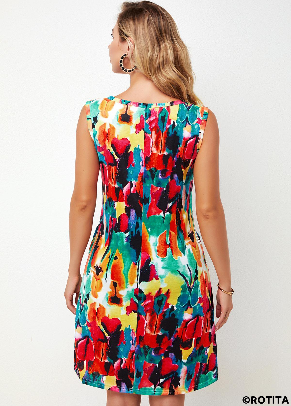 Multi Color dresses,Rainbow Color dresses,Floral dresses,Everyday dresses,Casual dresses,ROTITA Printed Round Neck Multi Color A Line Dress