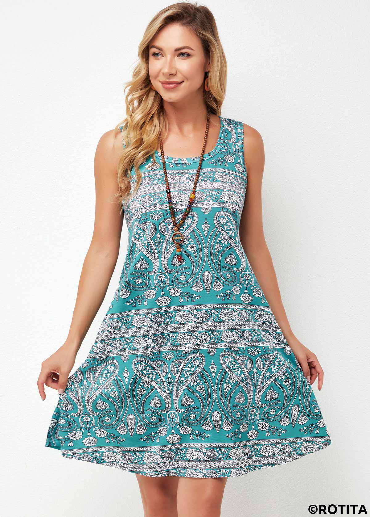Green dresses,Tribal dresses,Everyday dresses,Casual dresses,ROTITA Tribal Print Wide Strap A Line Dress