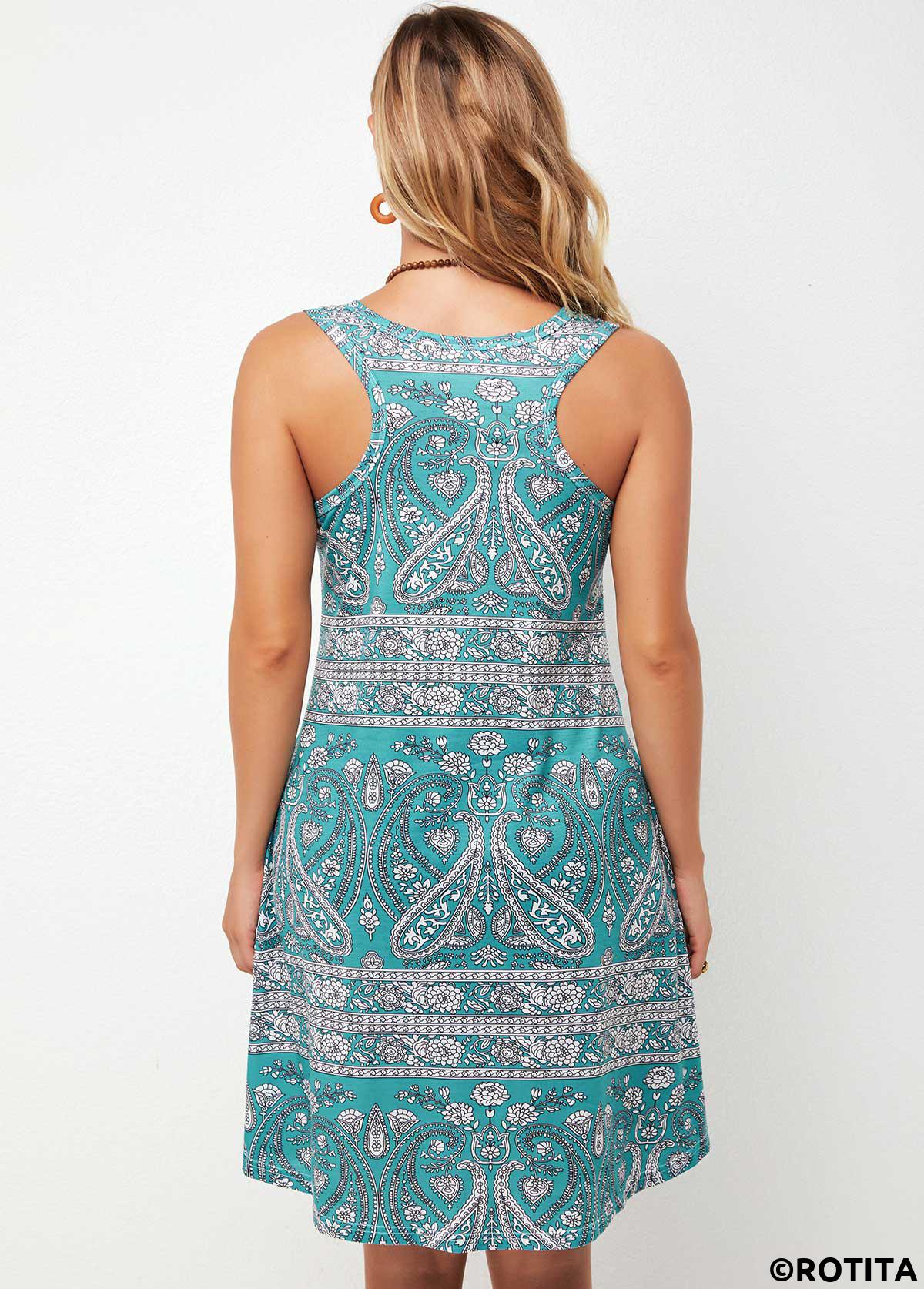 Green dresses,Tribal dresses,Everyday dresses,Casual dresses,ROTITA Tribal Print Wide Strap A Line Dress
