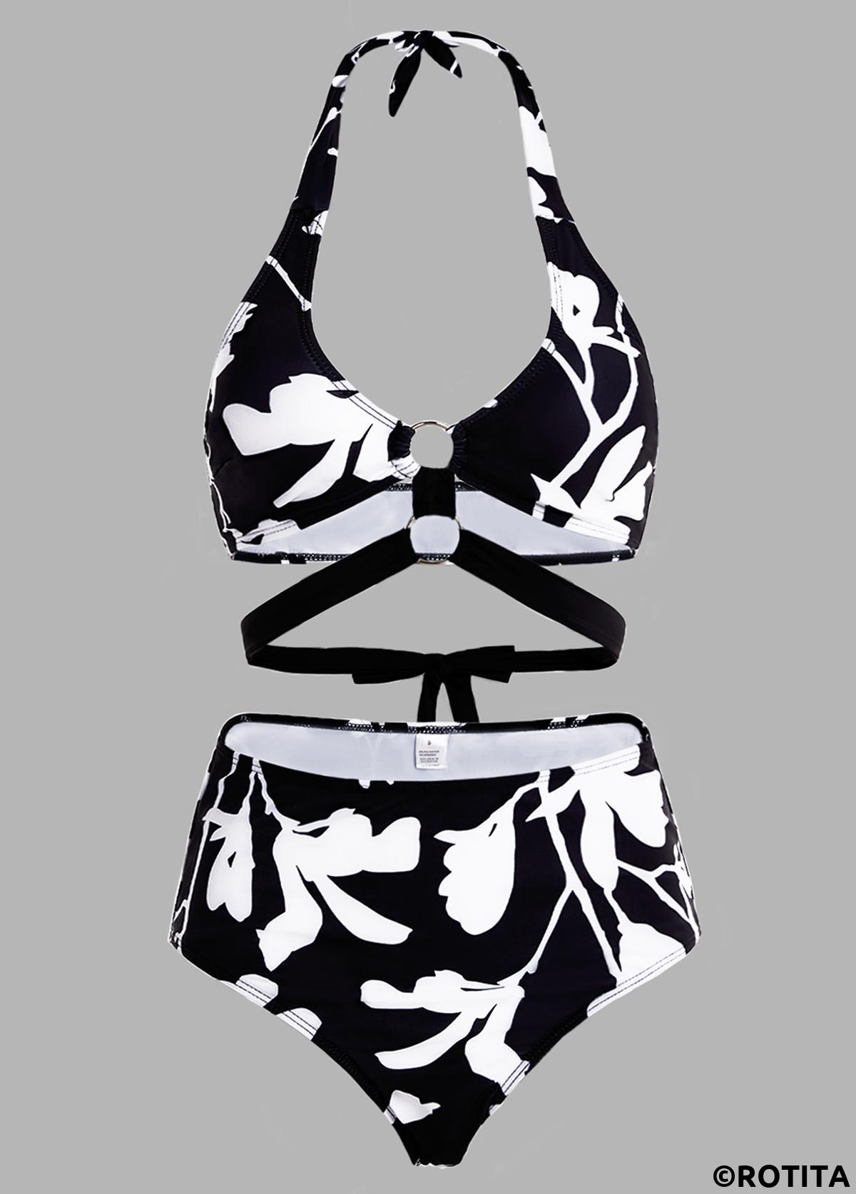 ROTITA Halter Floral Print High Waisted Bikini Set 