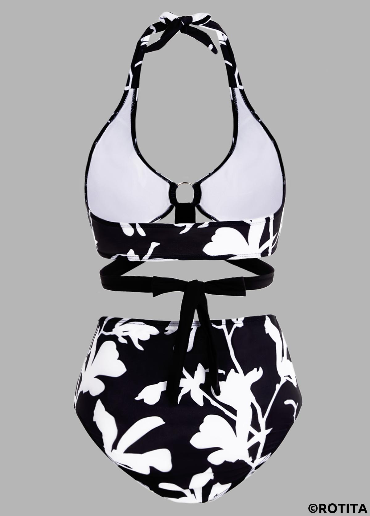 ROTITA Halter Floral Print High Waisted Bikini Set 