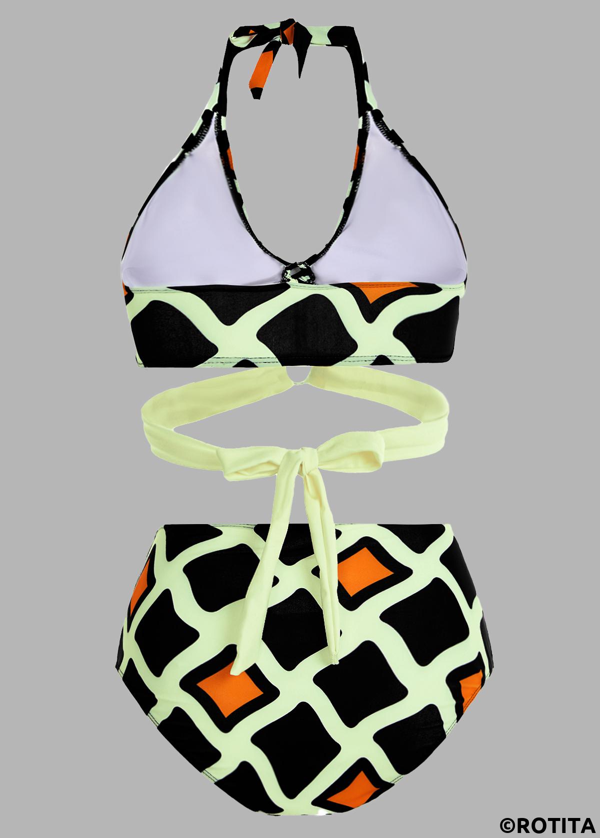 Multi Color swimwear,Geometric swimwear,ROTITA High Waisted Geometric Print Halter Bikini Set 
