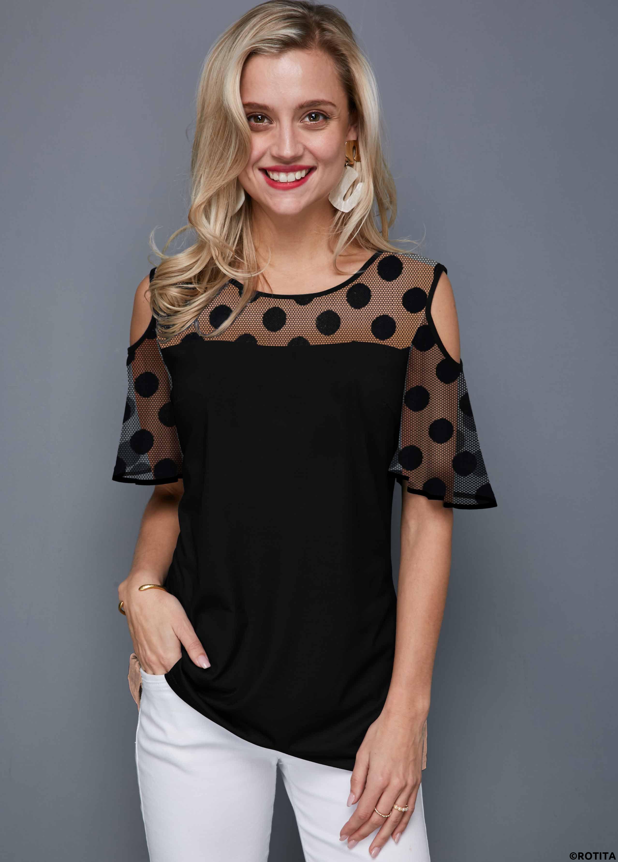 ROTITA T-shirt col rond à pois et épaules dénudées