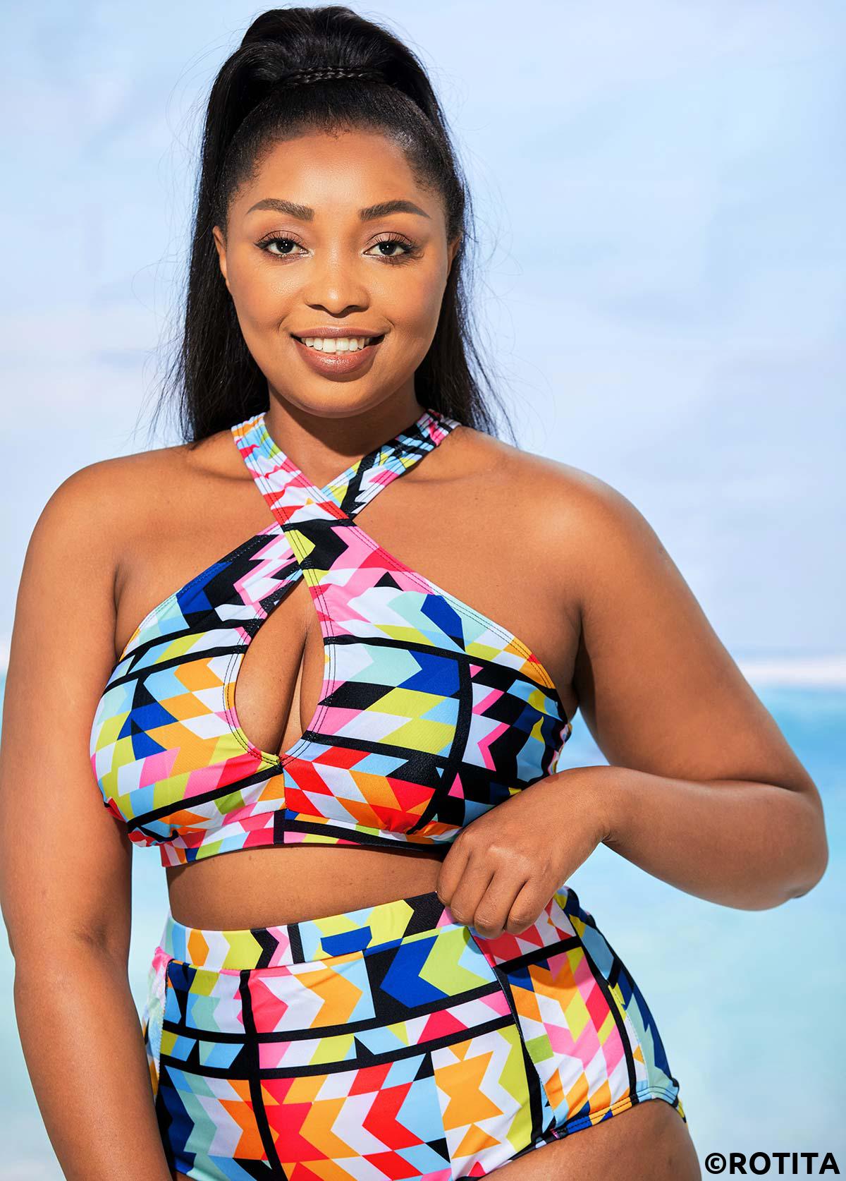 Multi Color plus size,Rainbow Color plus size,Geometric plus size,High Waisted Plus Size Geometric Print Bikini Set