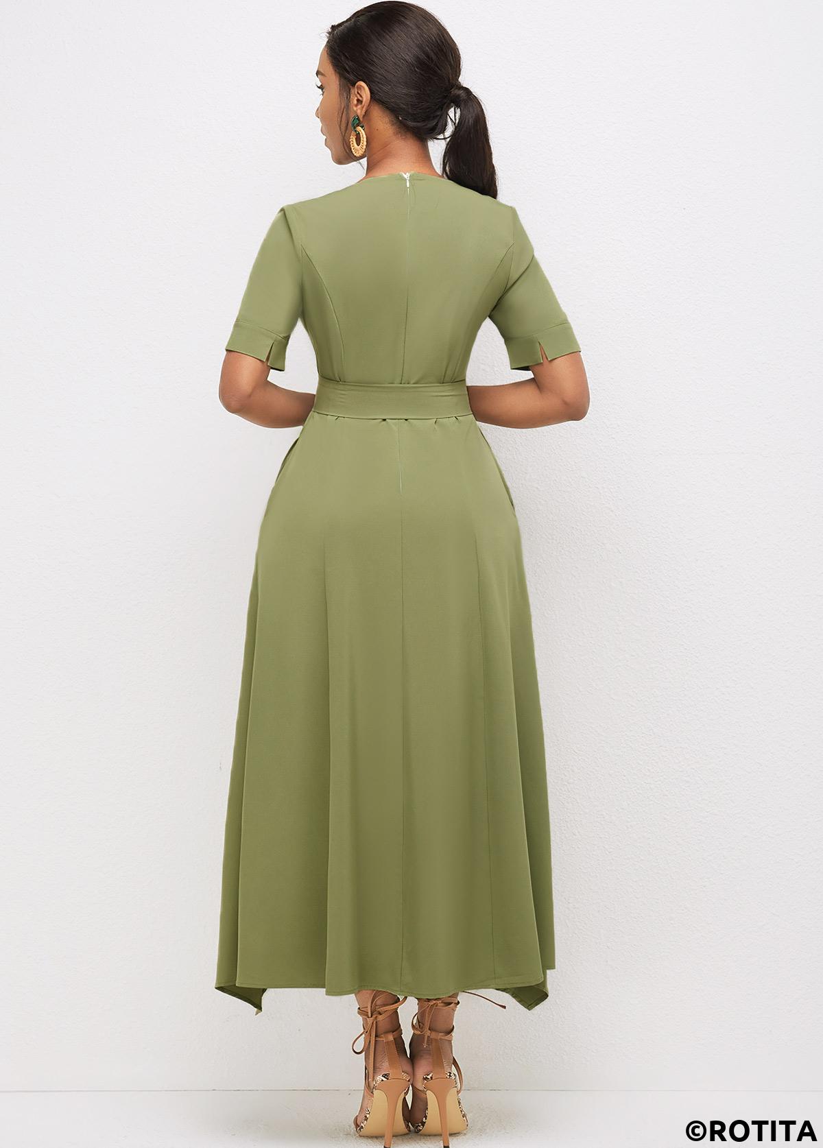 Olive Green dresses,Plain Color dresses,Party dresses,Elegant dresses,ROTITA Asymmetric Hem Round Neck Solid Dress 
