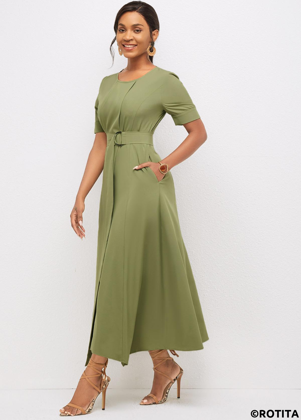 Olive Green dresses,Plain Color dresses,Party dresses,Elegant dresses,ROTITA Asymmetric Hem Round Neck Solid Dress 