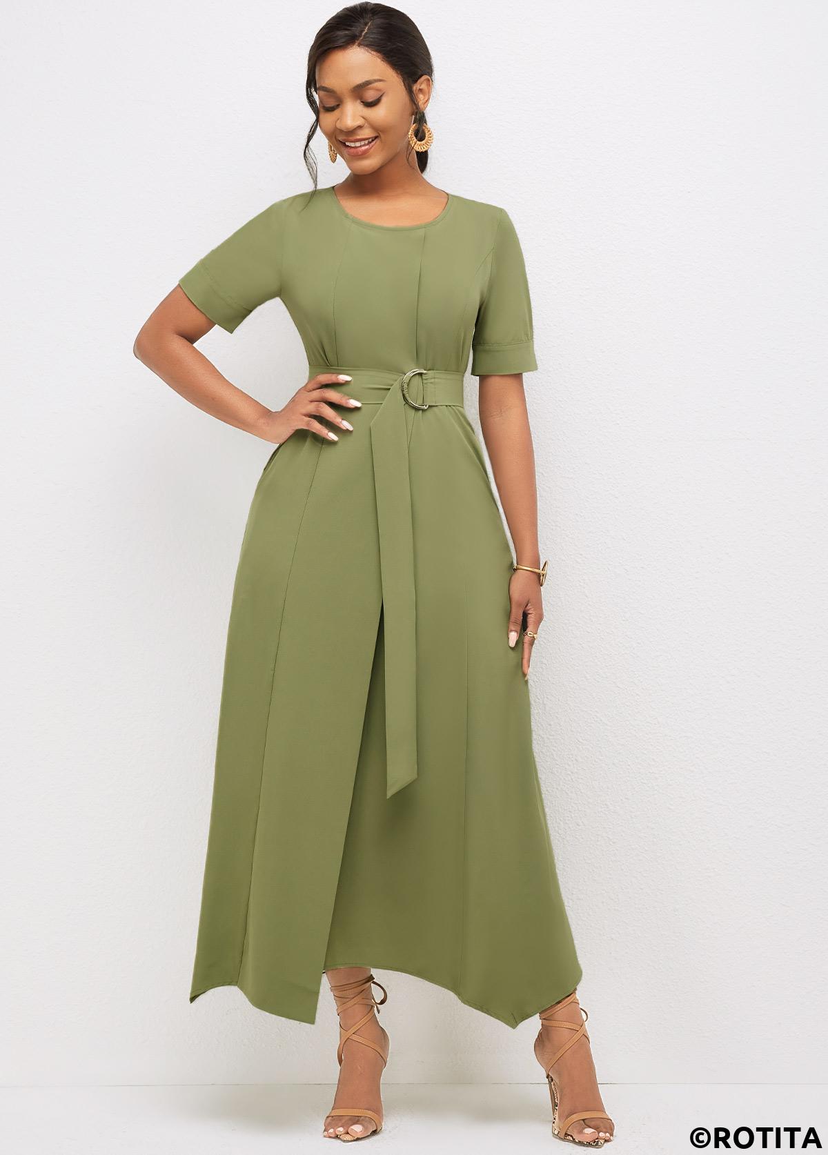 Olive Green dresses,Plain Color dresses,Party dresses,Elegant dresses,ROTITA Asymmetric Hem Round Neck Solid Dress 