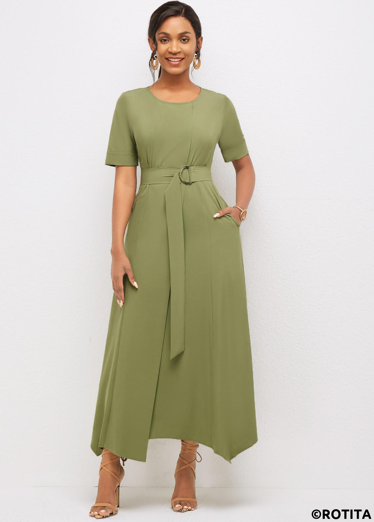 Olive Green dresses,Plain Color dresses,Party dresses,Elegant dresses,ROTITA Asymmetric Hem Round Neck Solid Dress 