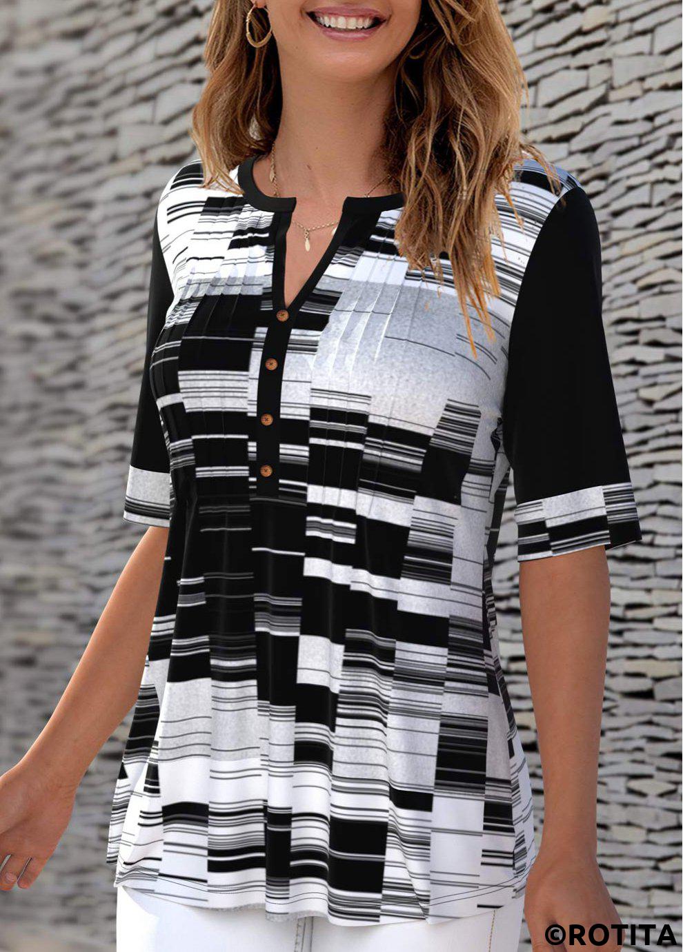 ROTITA T-shirt à col fendu contrasté à imprimé géométrique