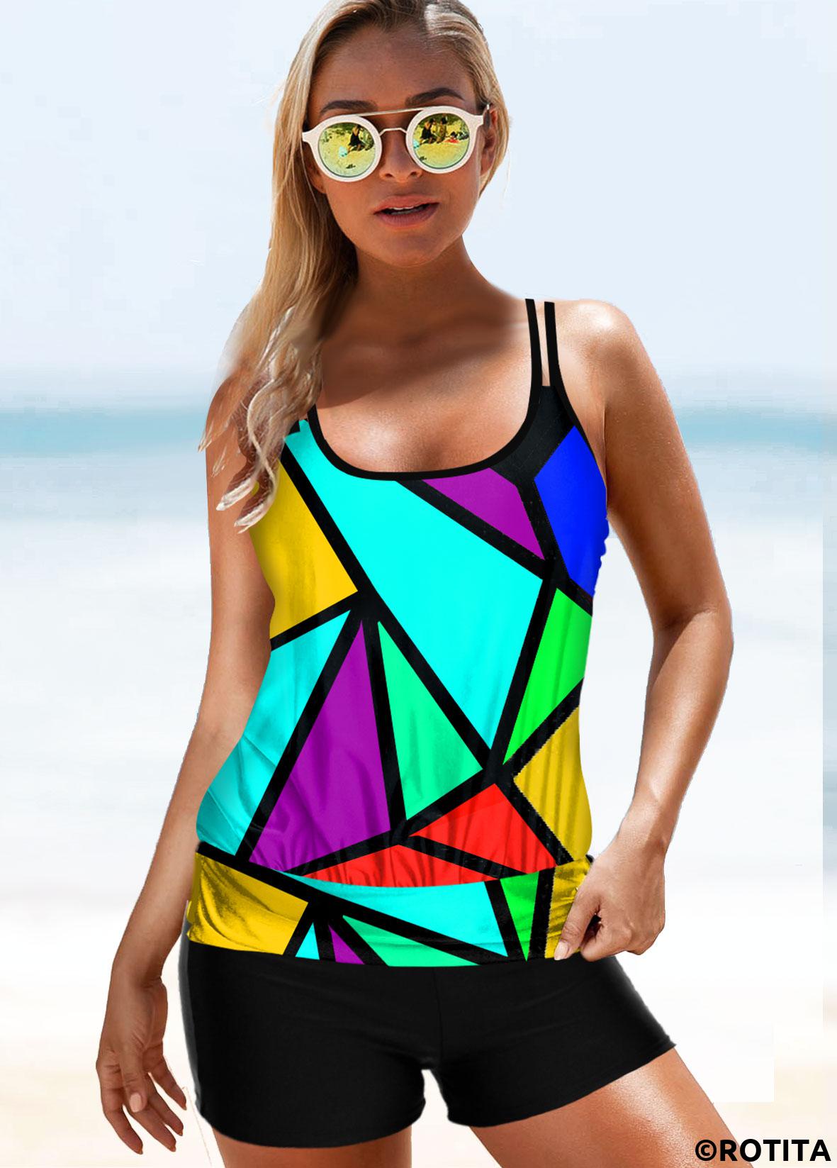 Multi Color swimwear,Rainbow Color swimwear,Geometric swimwear,ROTITA Double Straps Geometric Print Tankini Set 