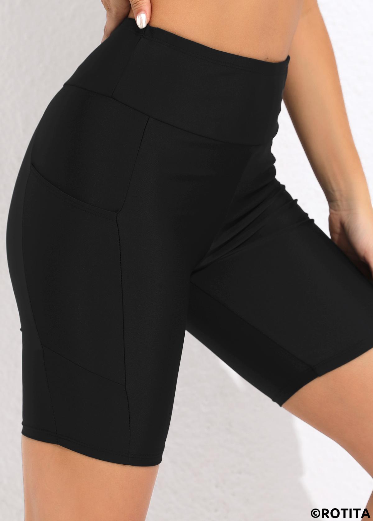Black swimwear,Plain Color swimwear,ROTITA Black High Waisted Pocket Swim Shorts