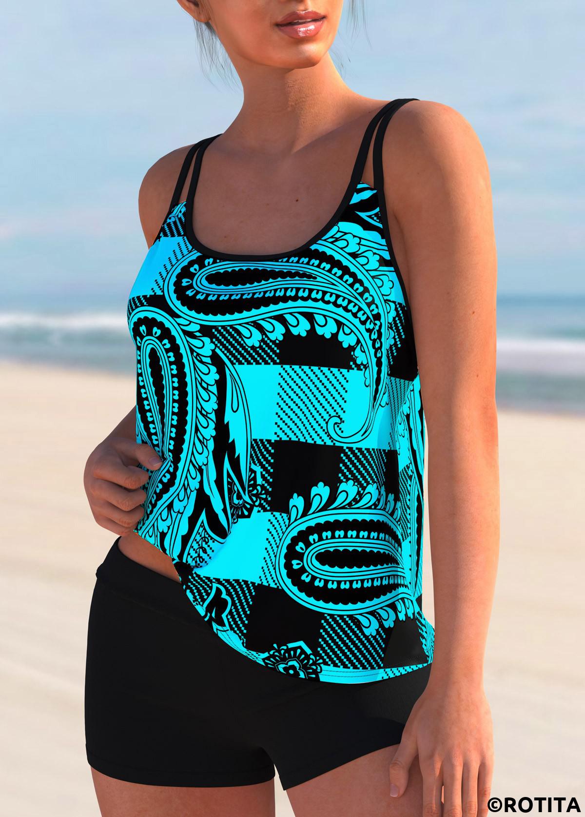 Cyan swimwear,Paisley swimwear,ROTITA Plaid Paisley Print Double Straps Mid Waist Tankini Set 