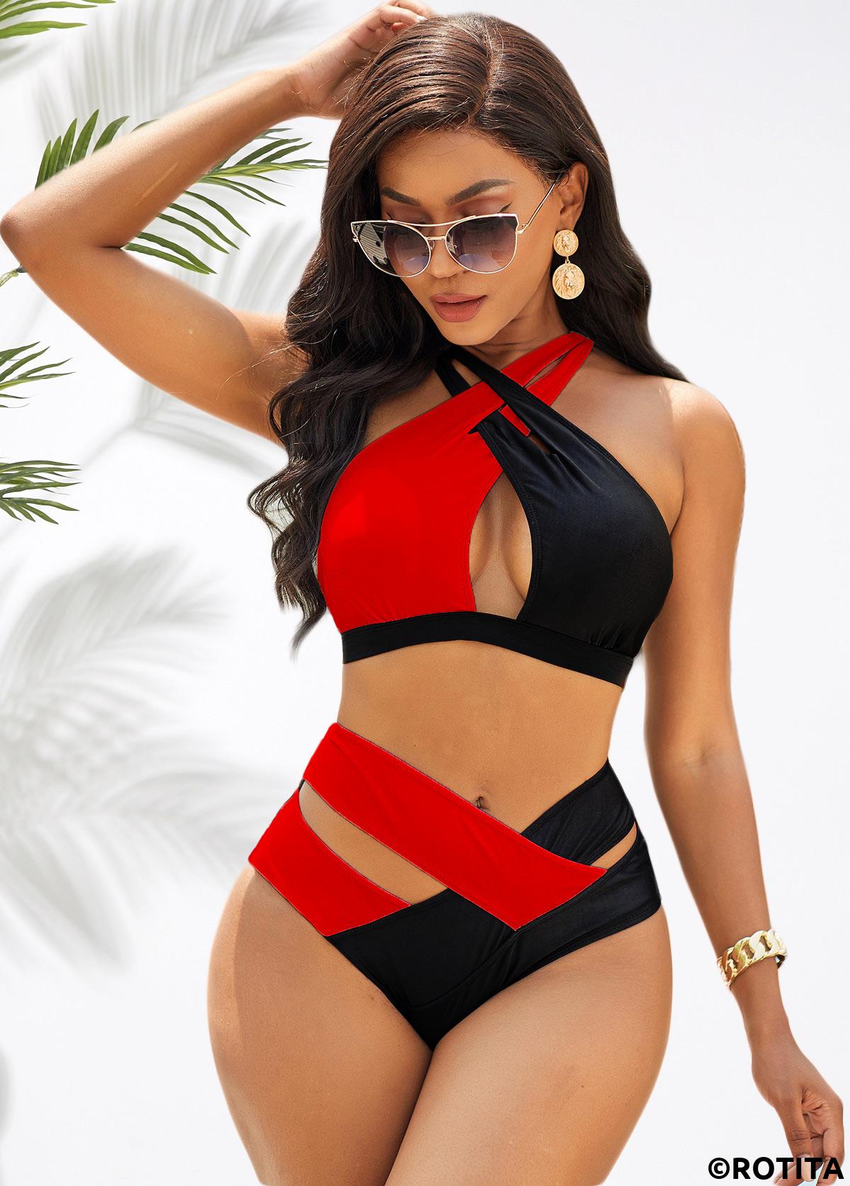 Red swimwear,Contrast Color swimwear,ROTITA Cross Strap Contrast High Waist Bikini Set