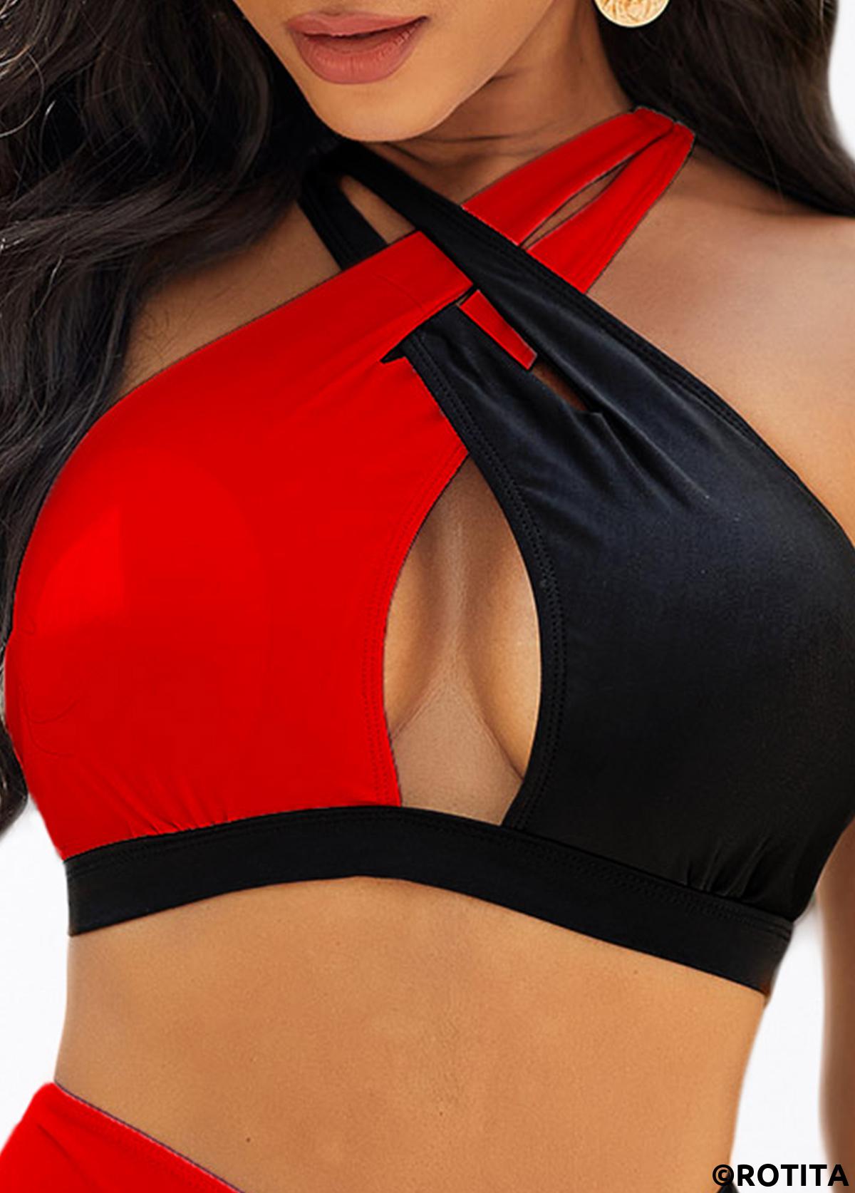 Red swimwear,Contrast Color swimwear,ROTITA Cross Strap Contrast High Waist Bikini Set