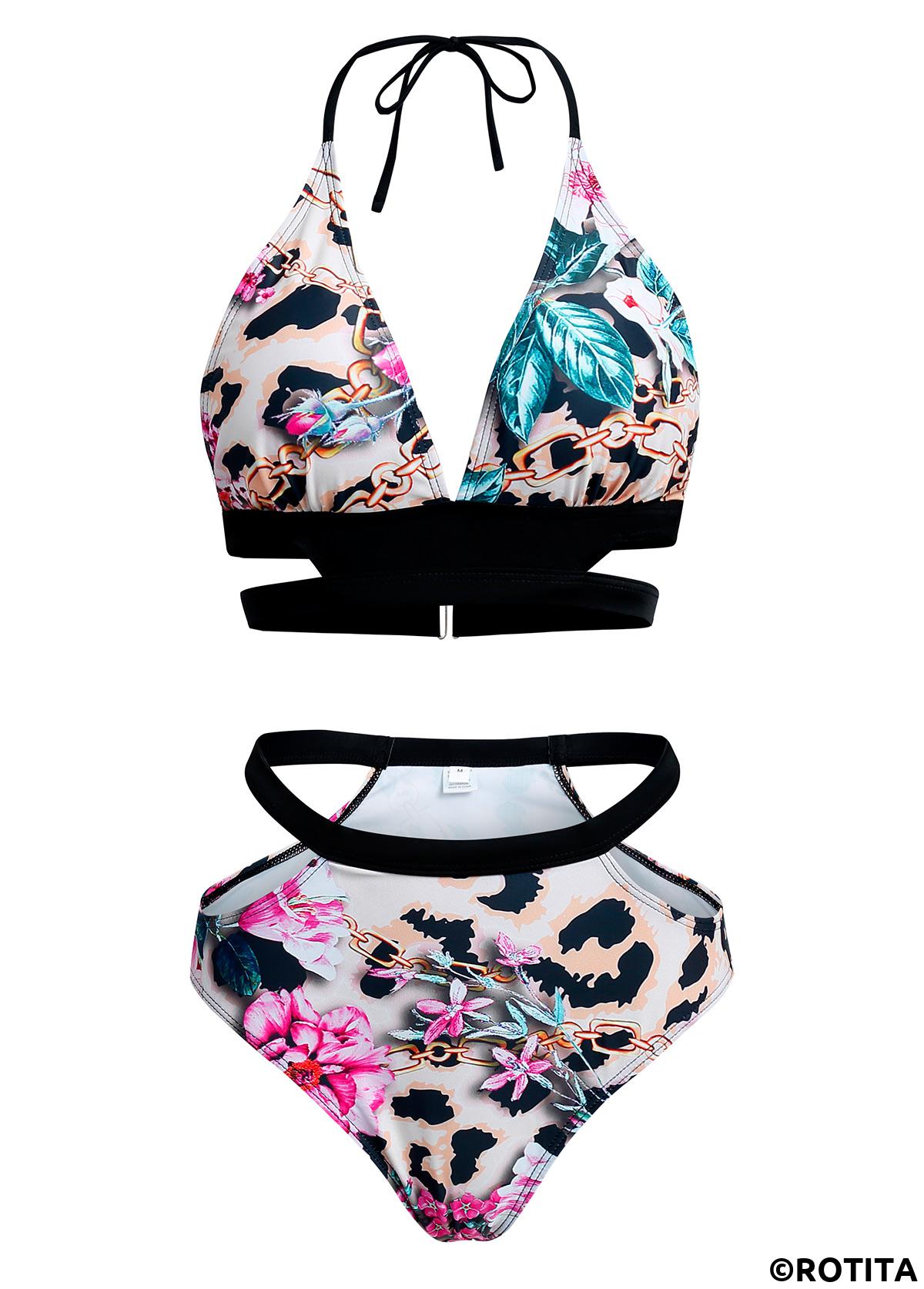 Multi Color swimwear,Floral swimwear,ROTITA Halter Floral Print Leopard Bikini Set