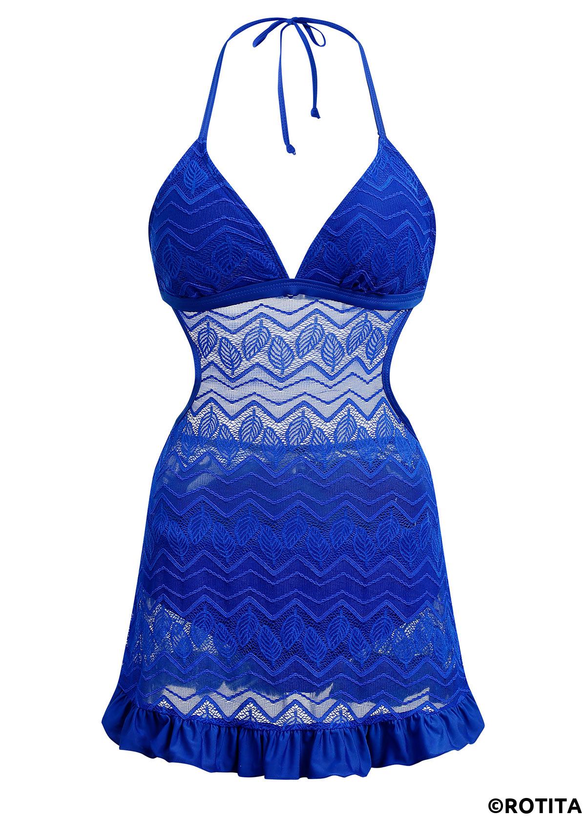 Royal Blue swimwear,Plain Color swimwear,ROTITA Solid Lace Stitching Halter Swimdress and Panty