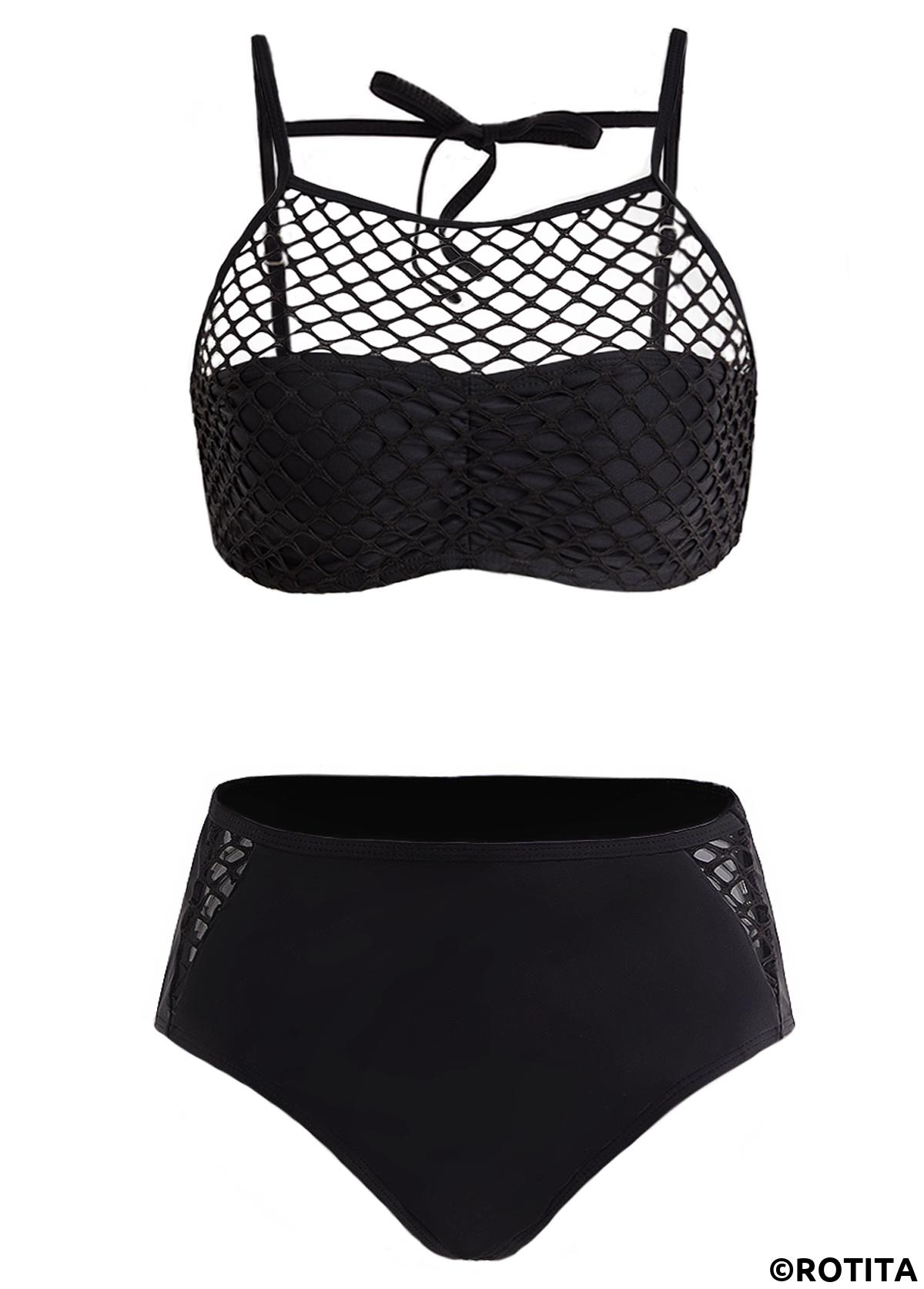 Black swimwear,Plain Color swimwear,ROTITA Pierced Mid Waist Tie Back Bikini Set
