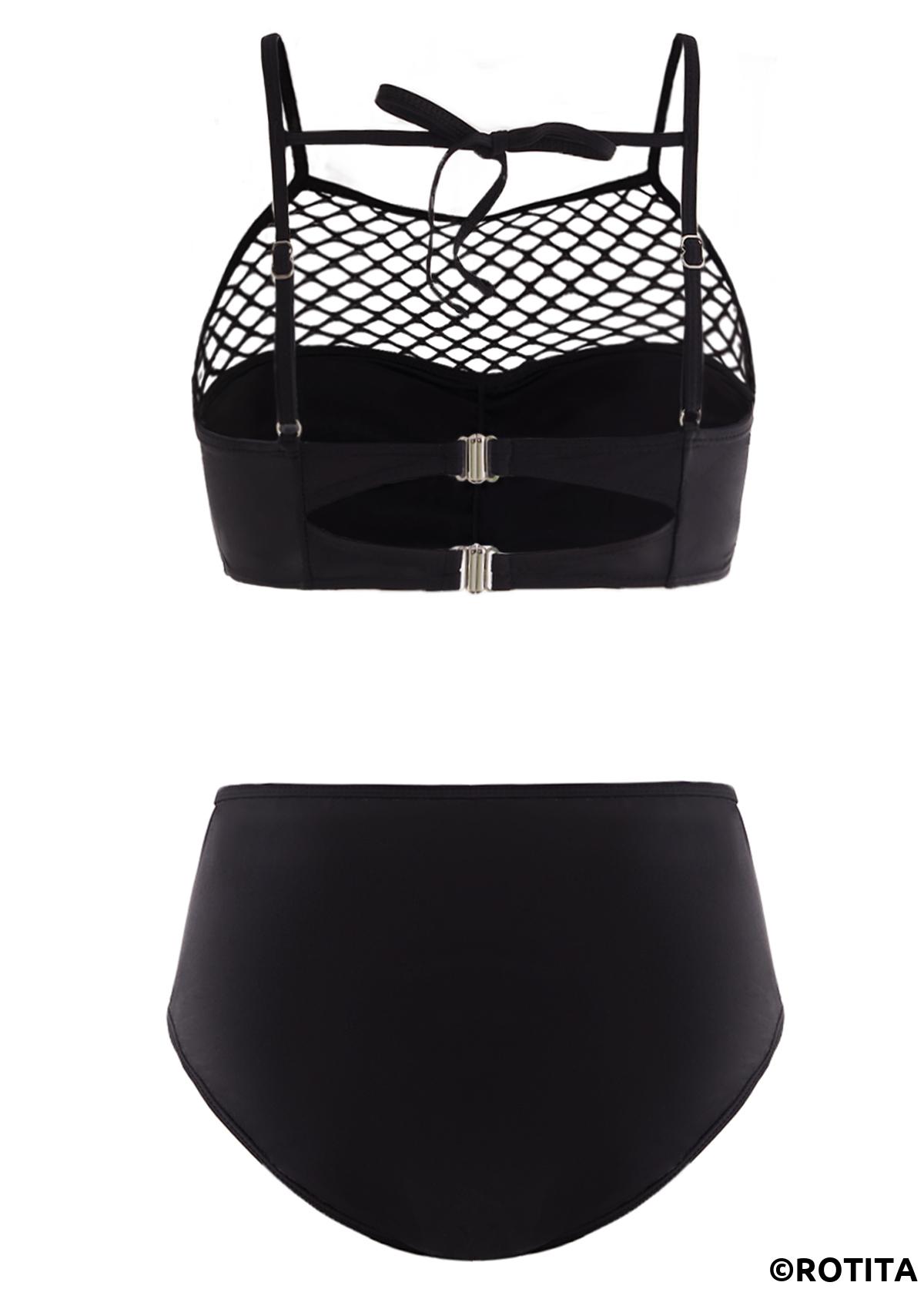 Black swimwear,Plain Color swimwear,ROTITA Pierced Mid Waist Tie Back Bikini Set