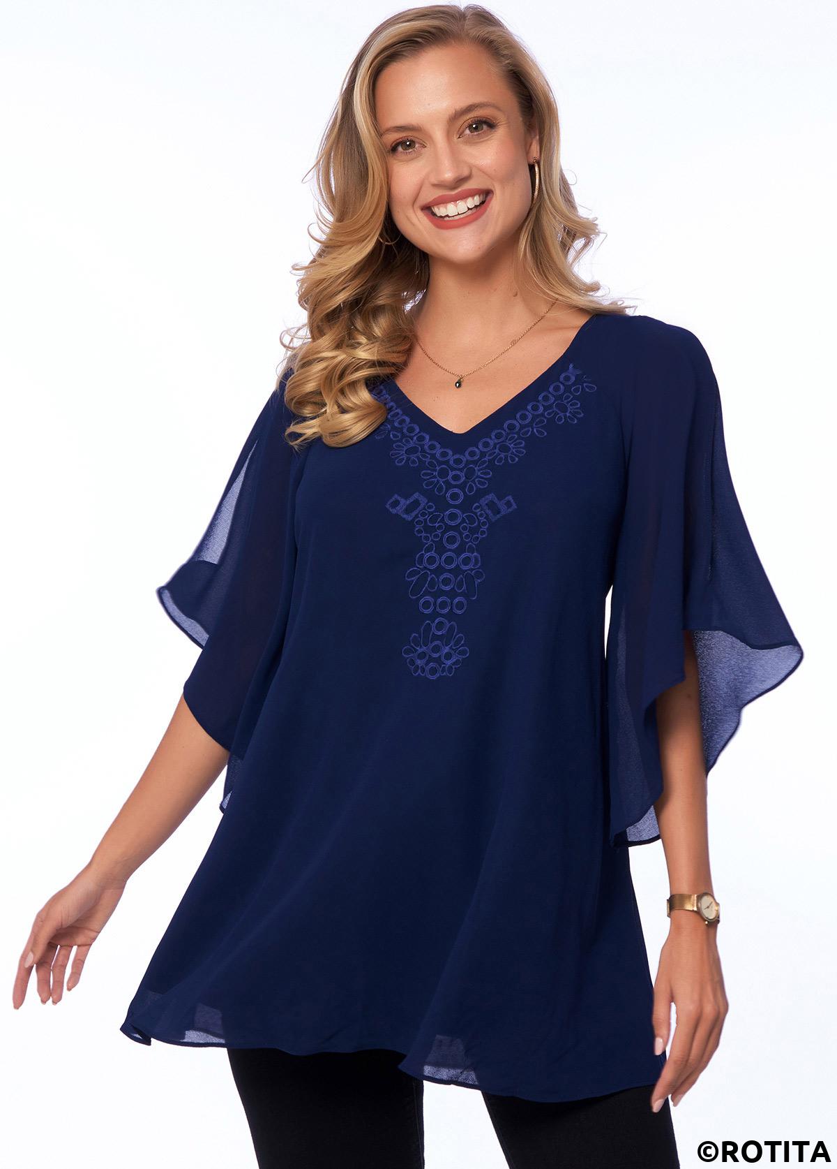 Navy tops,Plain Color tops,ROTITA Embellished Neck Solid Cold Shoulder T Shirt