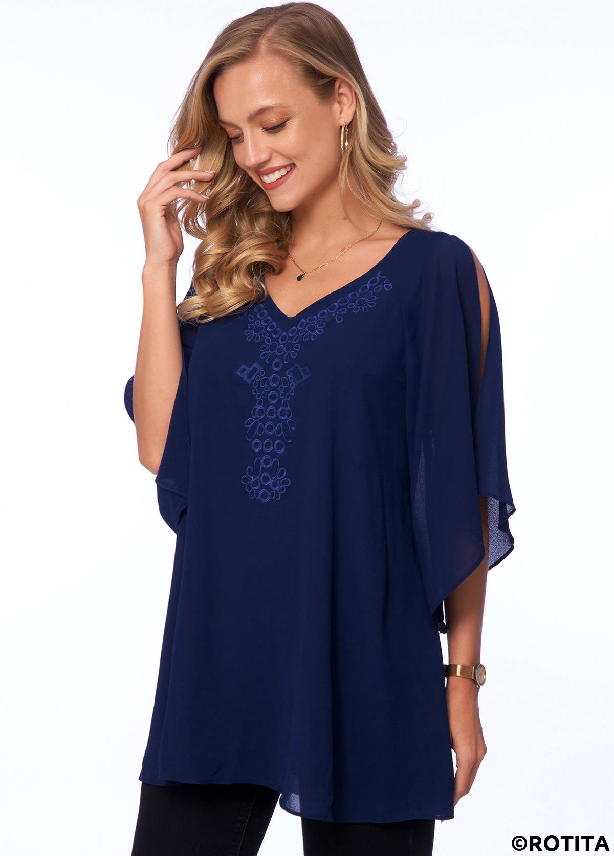 Navy tops,Plain Color tops,ROTITA Embellished Neck Solid Cold Shoulder T Shirt