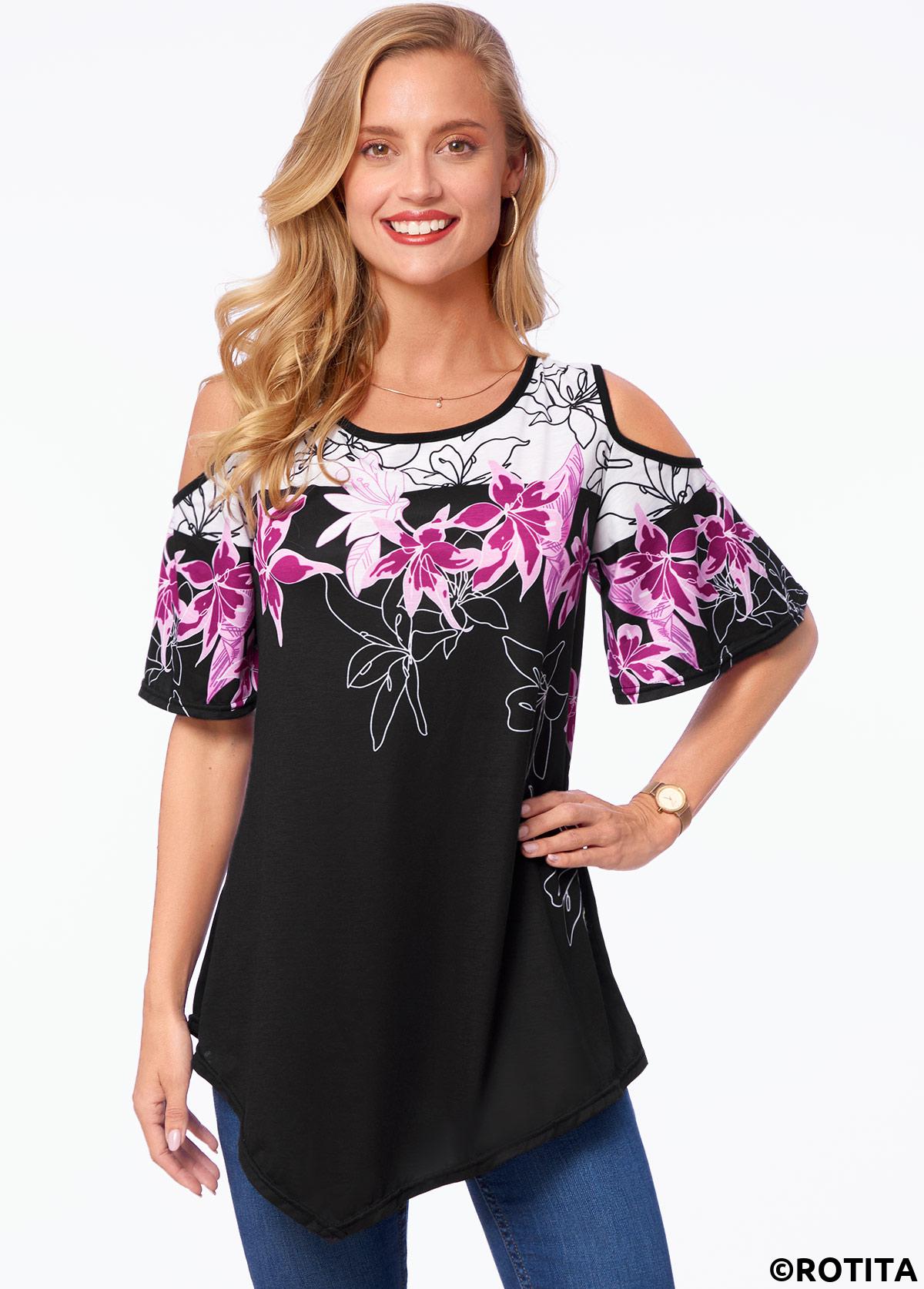 Multi Color tops,Floral tops,ROTITA Asymmetric Hem Floral Print Cold Shoulder T Shirt