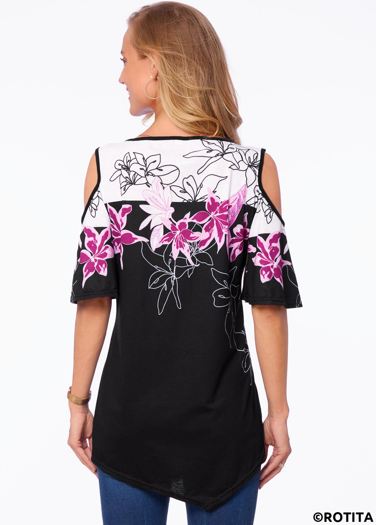 Multi Color tops,Floral tops,ROTITA Asymmetric Hem Floral Print Cold Shoulder T Shirt
