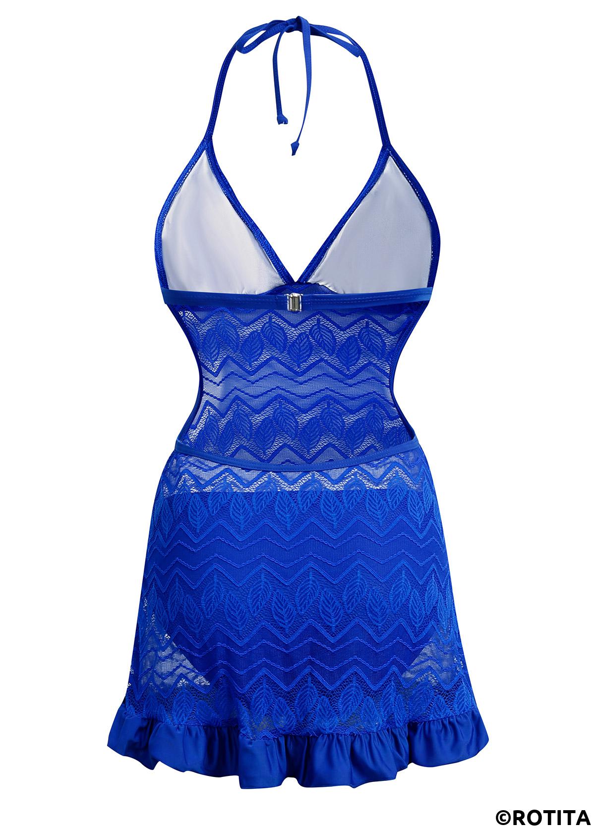 Royal Blue swimwear,Plain Color swimwear,ROTITA Solid Lace Stitching Halter Swimdress and Panty