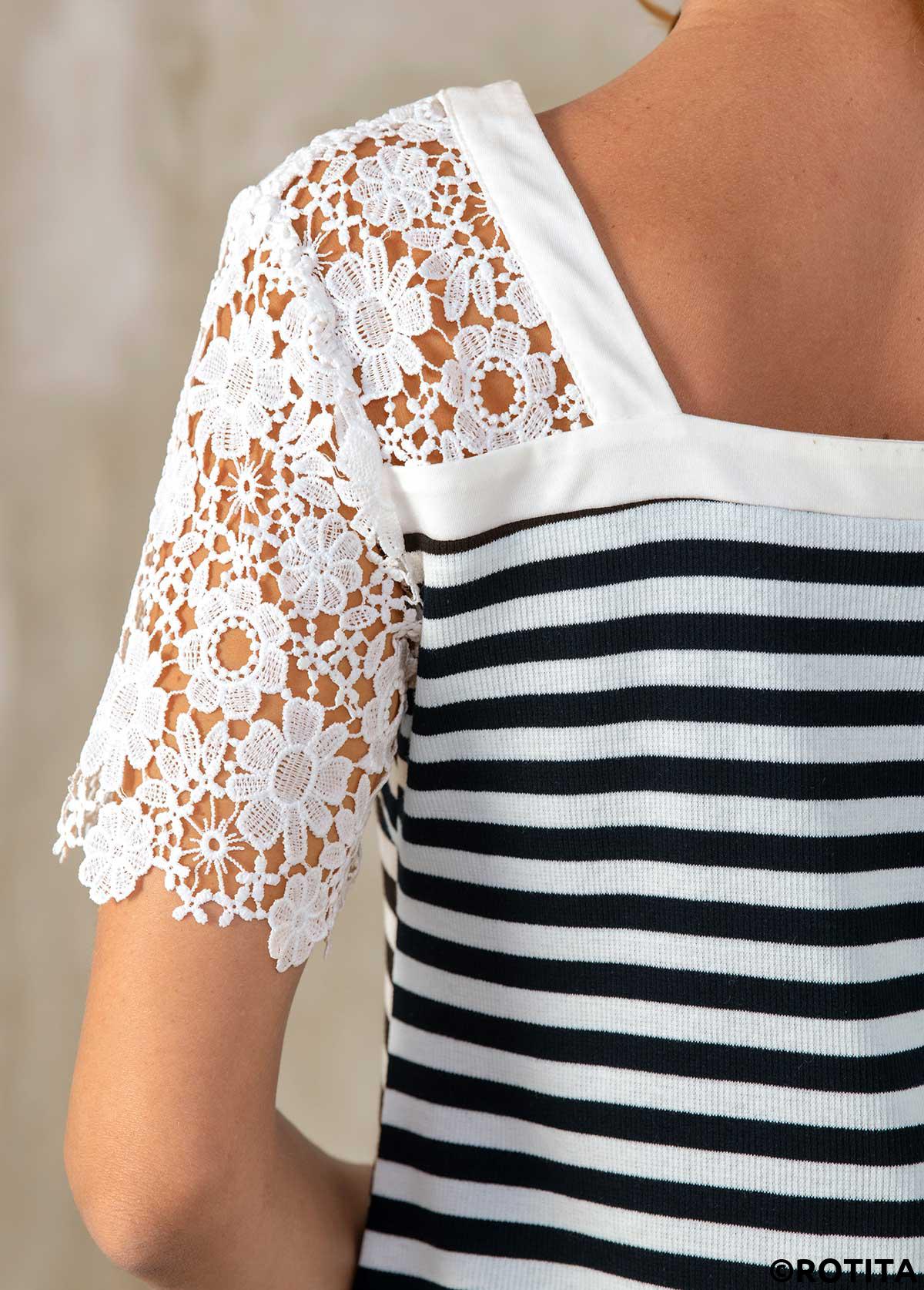 Rotita-Spitzen-Patchwork-T-Shirt mit V-Ausschnitt und kurzen Ärmeln