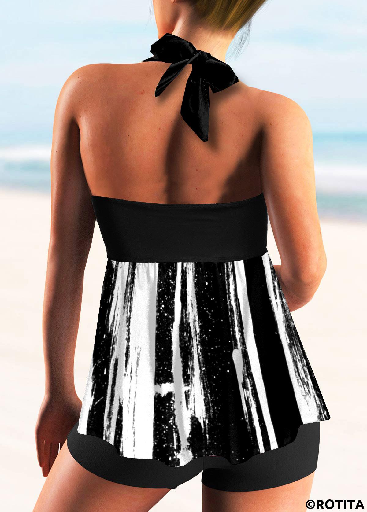 Geometric swimwear,ROTITA Halter Color Block Smocked Tankini Set 