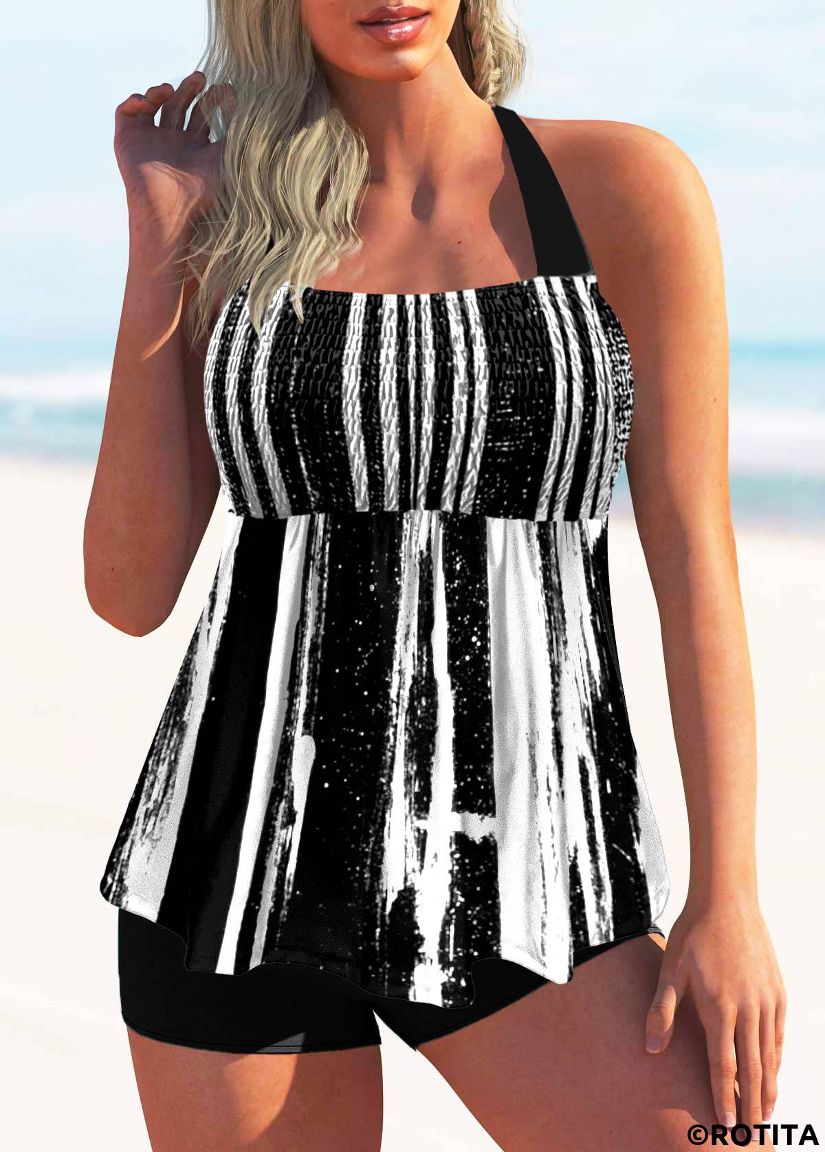 Geometric swimwear,ROTITA Halter Color Block Smocked Tankini Set 