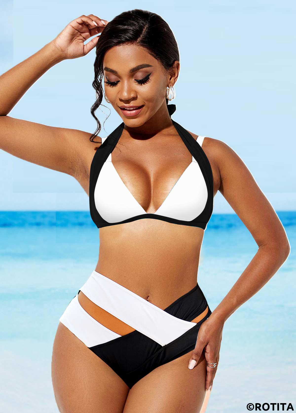 Multi Color swimwear,Contrast Color swimwear,ROTITA Wide Strap Halter High Waisted Bikini Set 