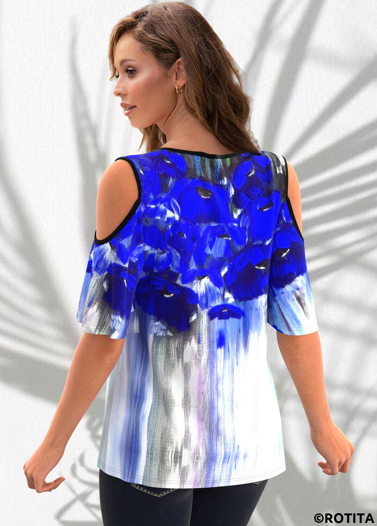Royal Blue tops,Floral tops,ROTITA Cold Shoulder Floral Print V Neck T Shirt