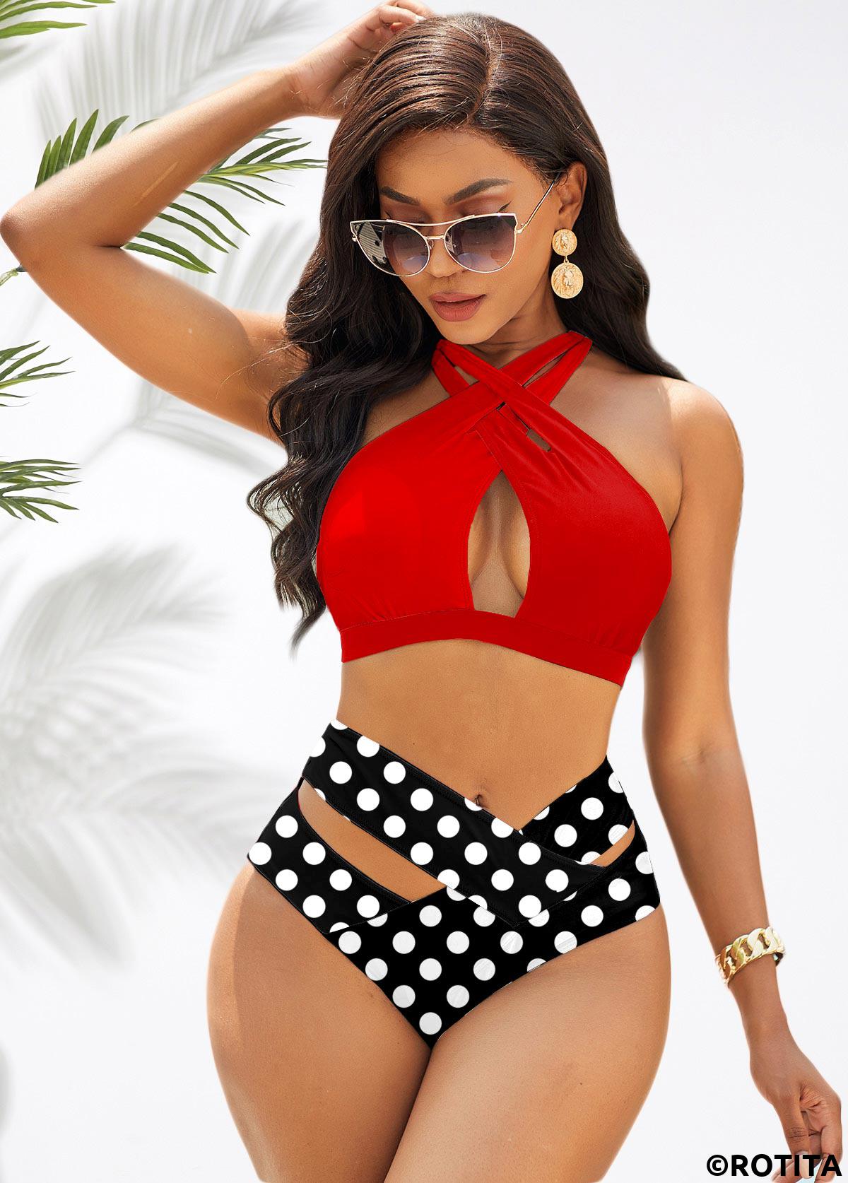 Red swimwear,Dot swimwear,ROTITA Polka Dot Cross Halter High Waist Bikini Set 