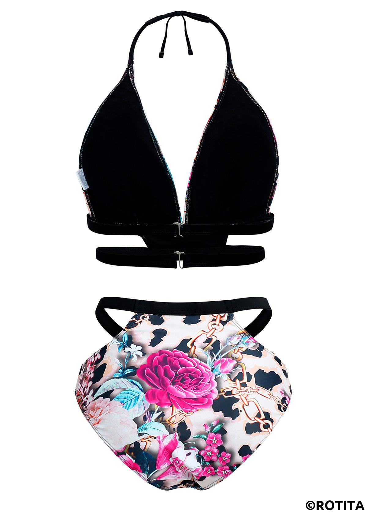 Multi Color swimwear,Floral swimwear,ROTITA Halter Floral Print Leopard Bikini Set